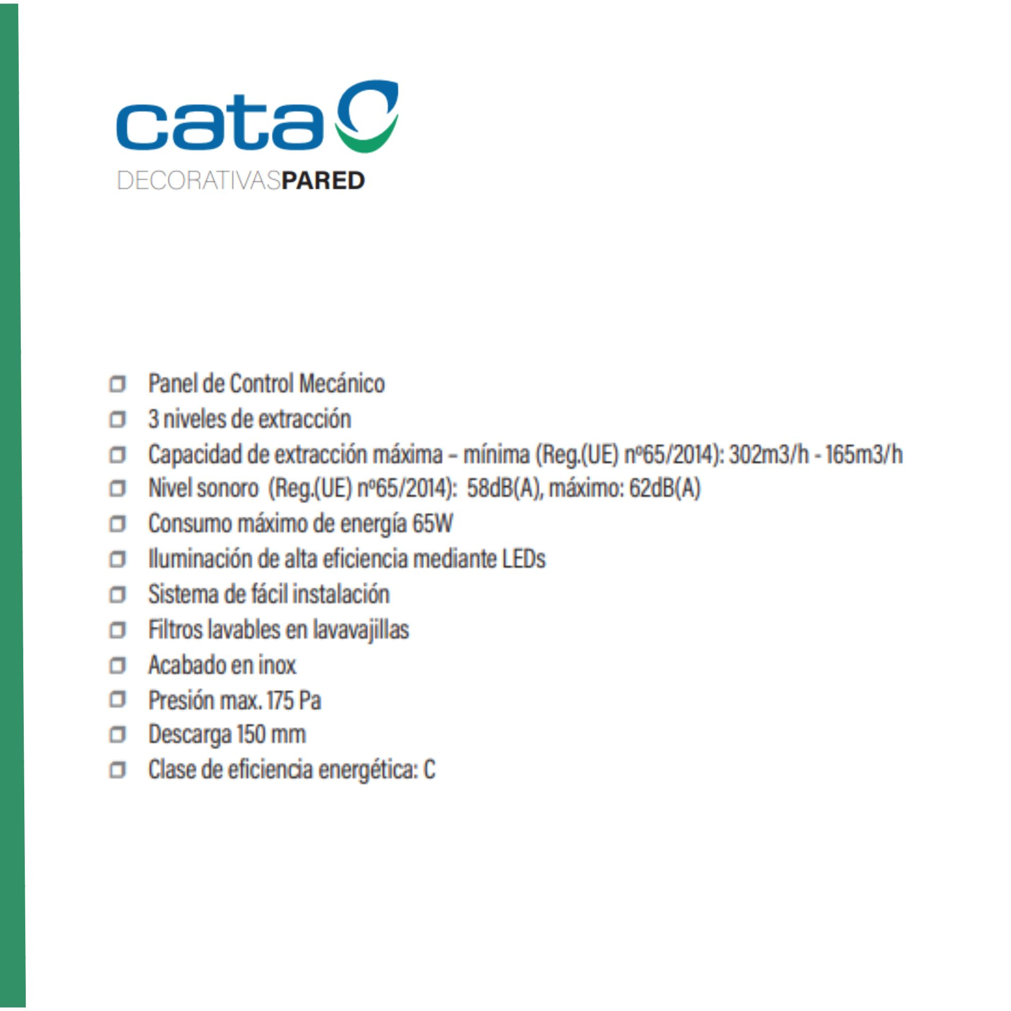 Un documento blanco con un logotipo de Cata y texto con viñetas que detallan las características del producto.