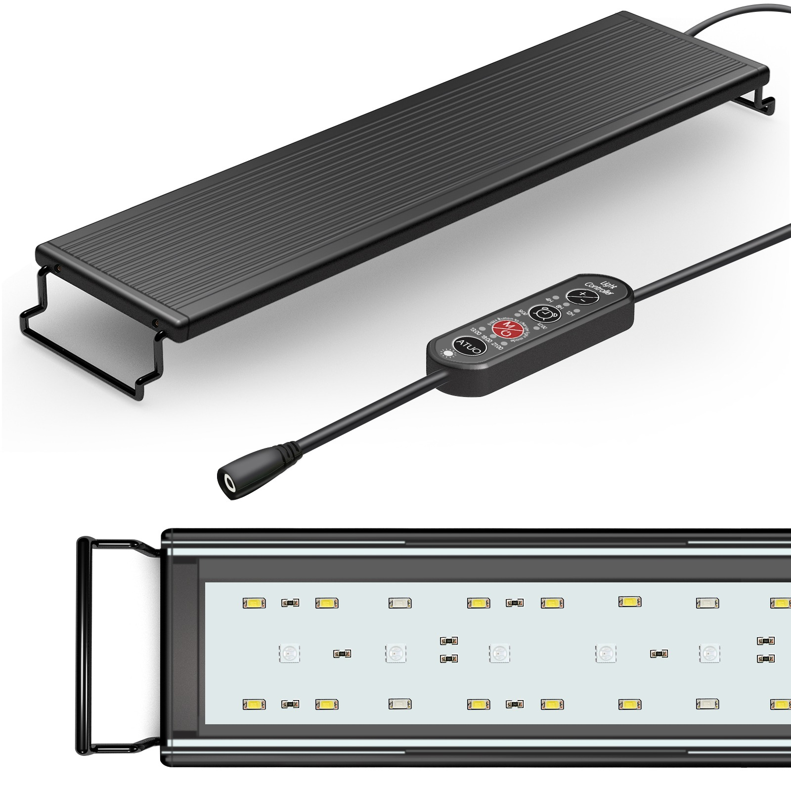Schwarze LED-Aquarienleuchte mit Steuerung. Die Leuchte hat einen schwarzen Rahmen und befindet sich vor weißem Hintergrund.
