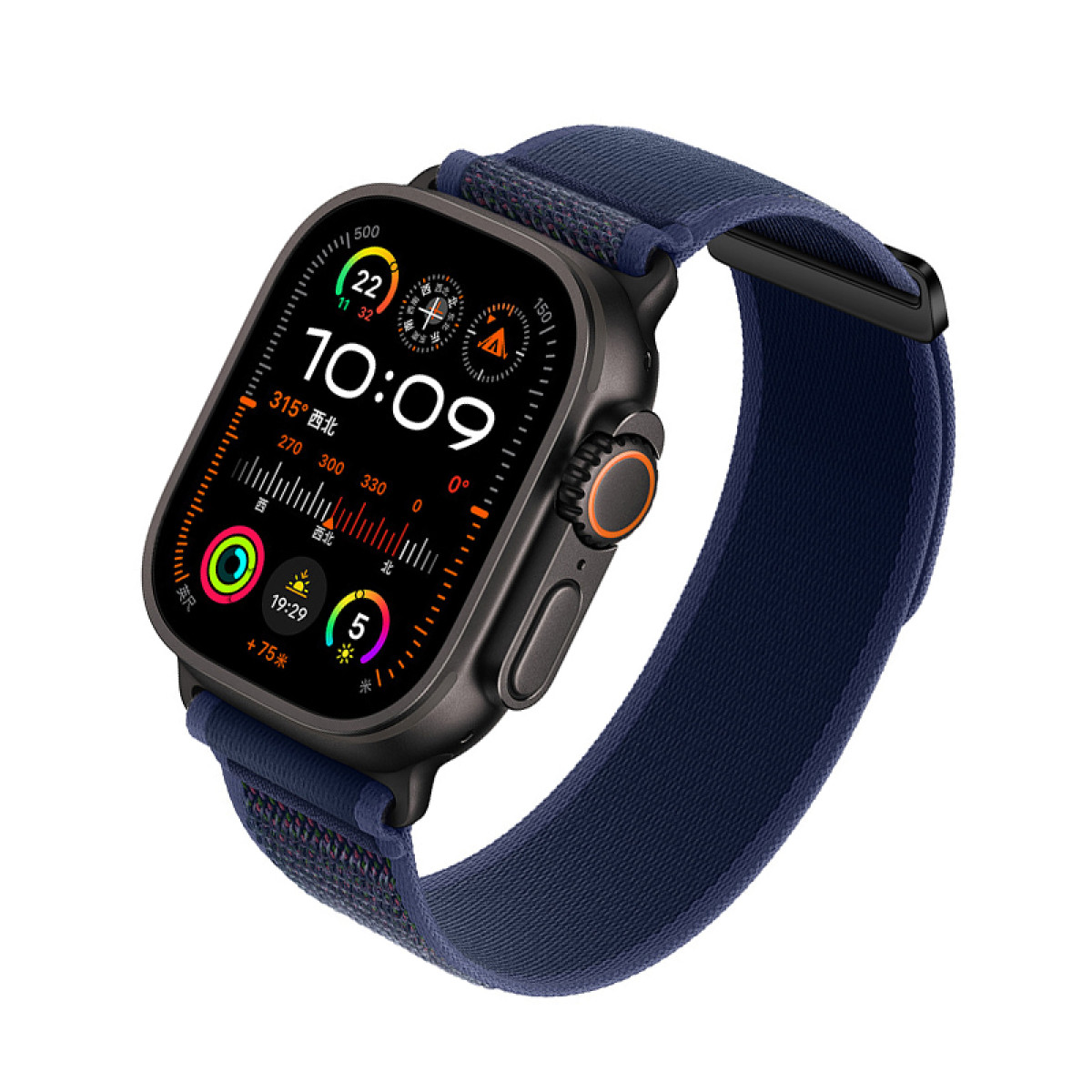 Schwarze Apple Watch Ultra mit blauem Armband. Die Uhr zeigt Zeit, Datum und verschiedene Datenpunkte auf dem Bildschirm an.