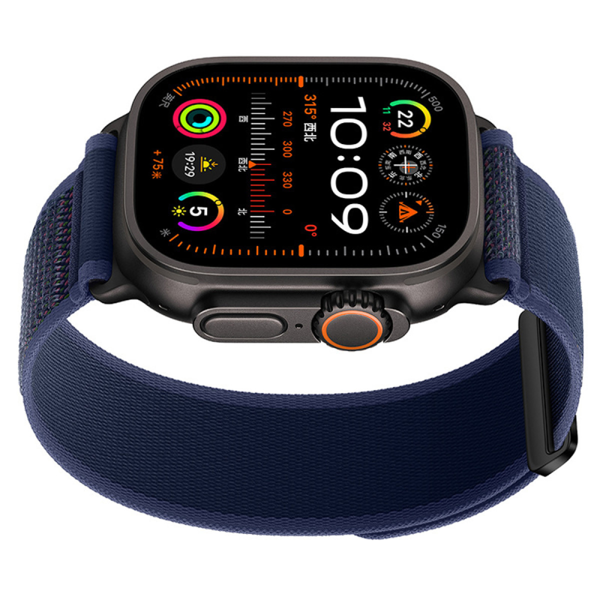 Schwarze Apple Watch mit blauem Sport Loop Band. Zeigt die Uhrzeit 10:09 mit verschiedenen Details.