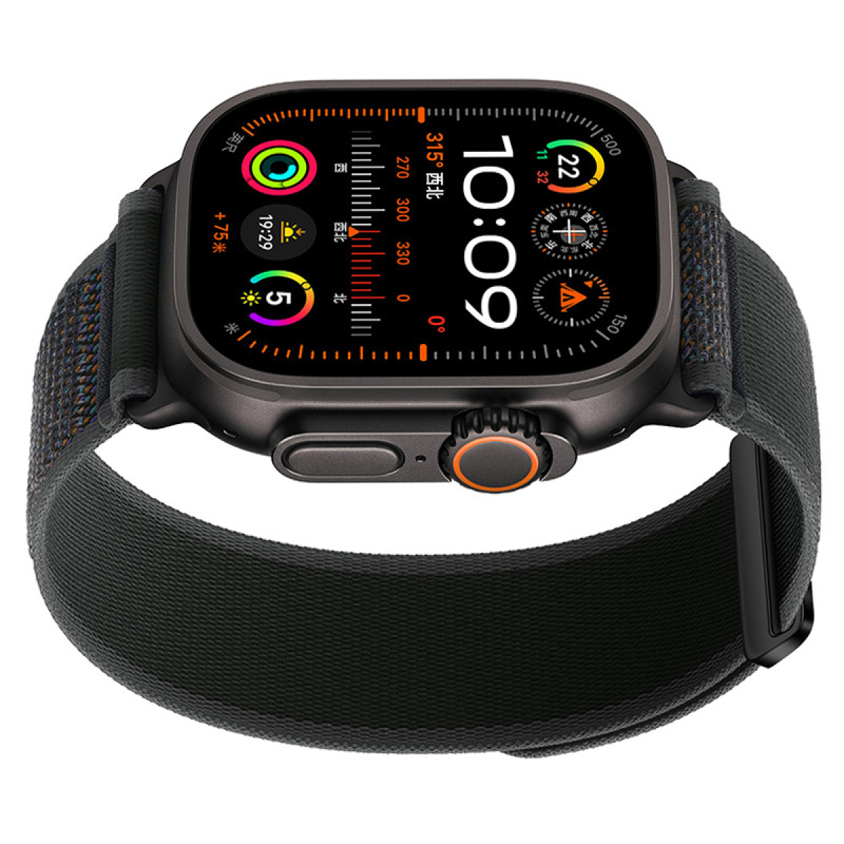 Czarny smartwatch z wyświetlaczem cyfrowym. Czarno-szary pasek. Widok z góry.