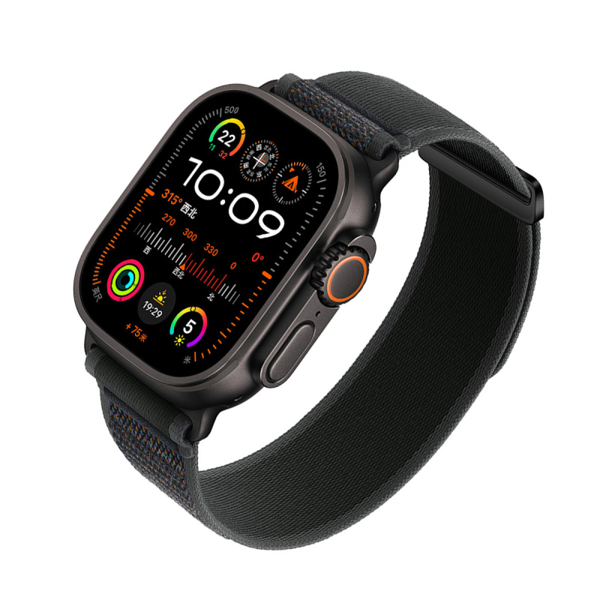 Ciemnoszary smartwatch z czarnym paskiem, pokazujący tarczę zegarka, białe tło.