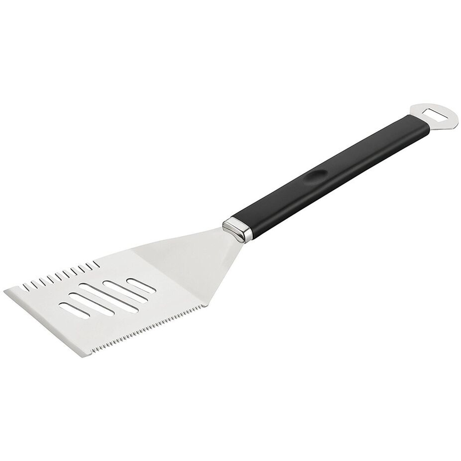 Silber-schwarzer Grillspatel mit Flaschenöffner am Griff.