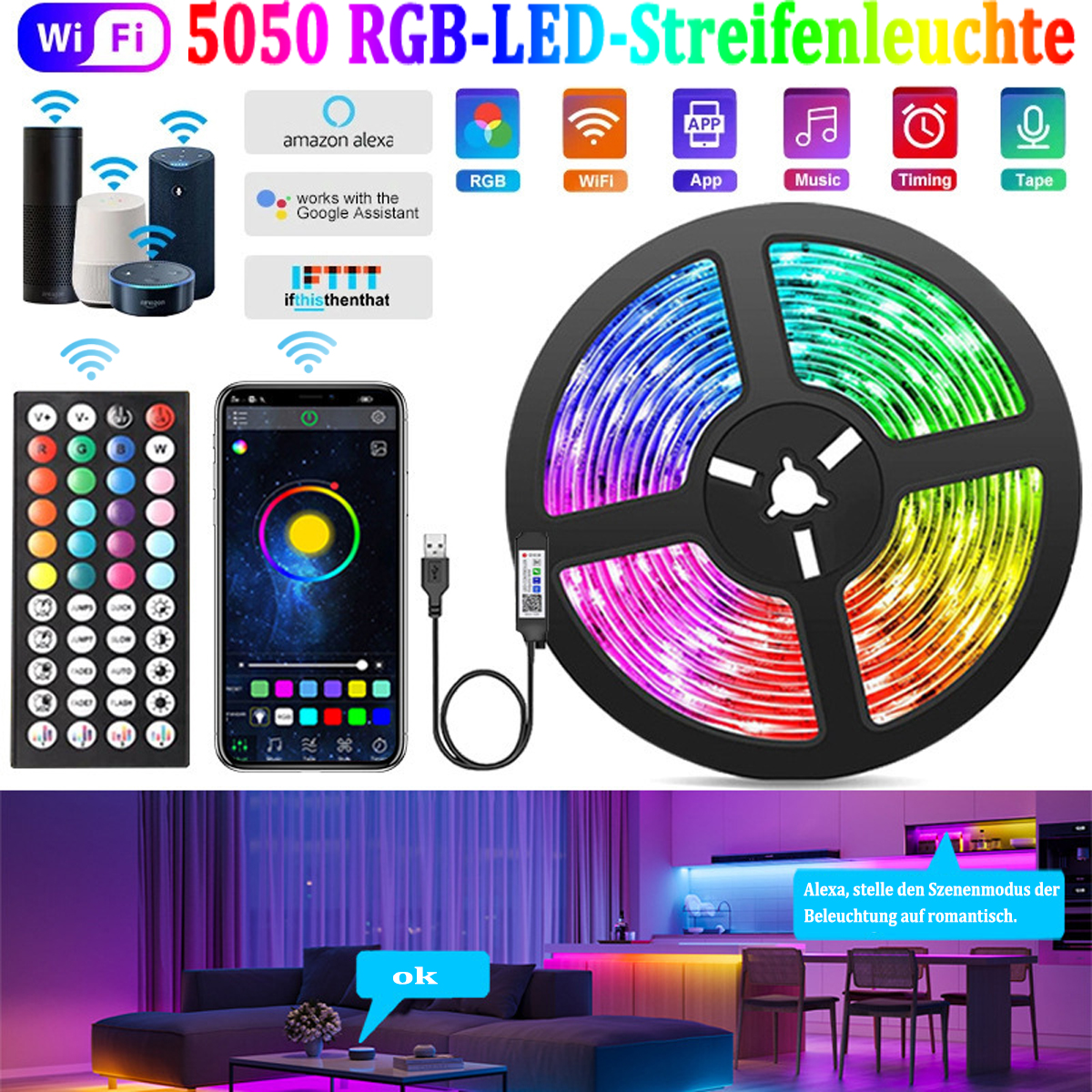 RGB-LED-Streifenlicht-Setup mit mehreren Komponenten, einschließlich Fernbedienung und Telefon-App.