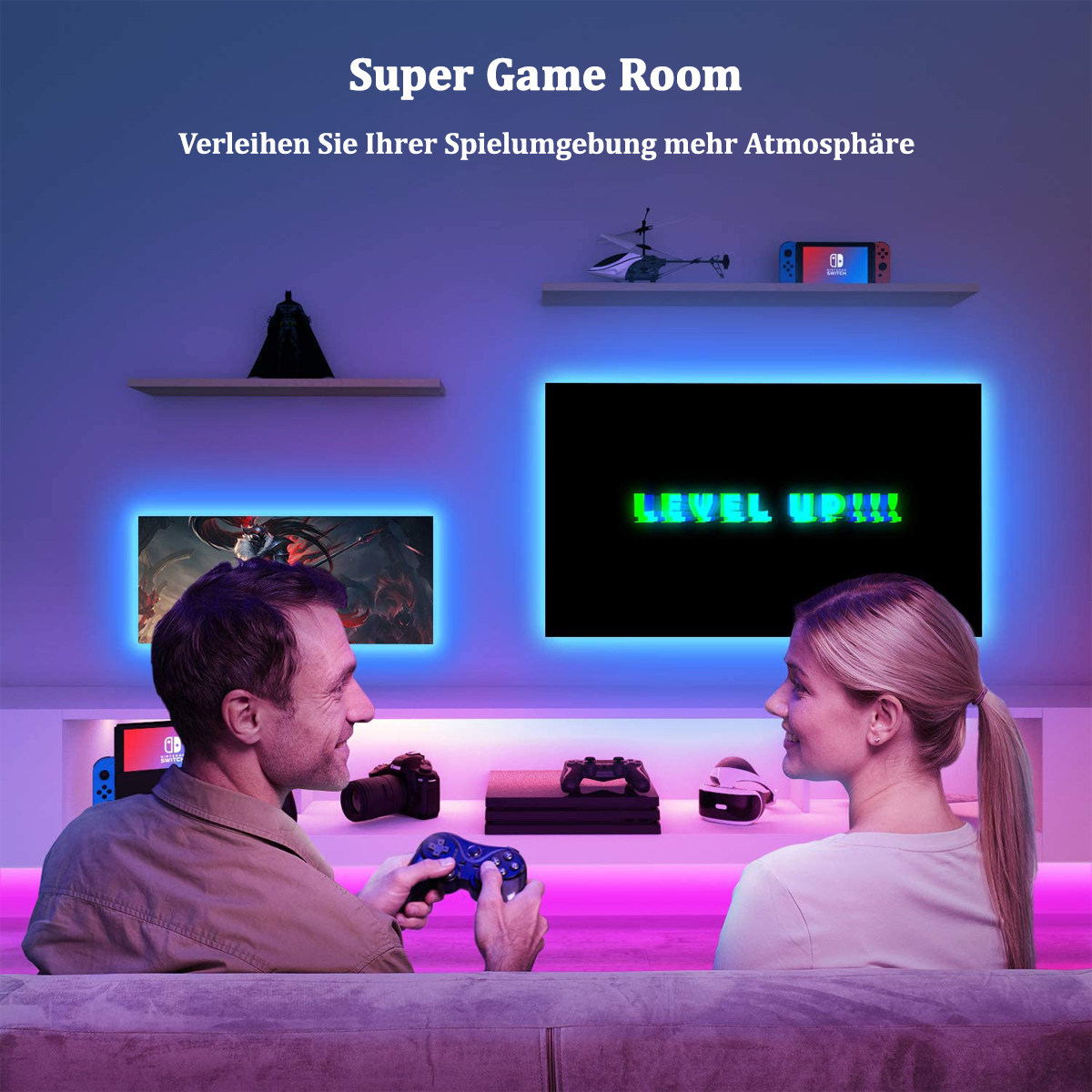 Paar spielt Spiele, ein Fernseher mit Lichtern und eine Konsole.