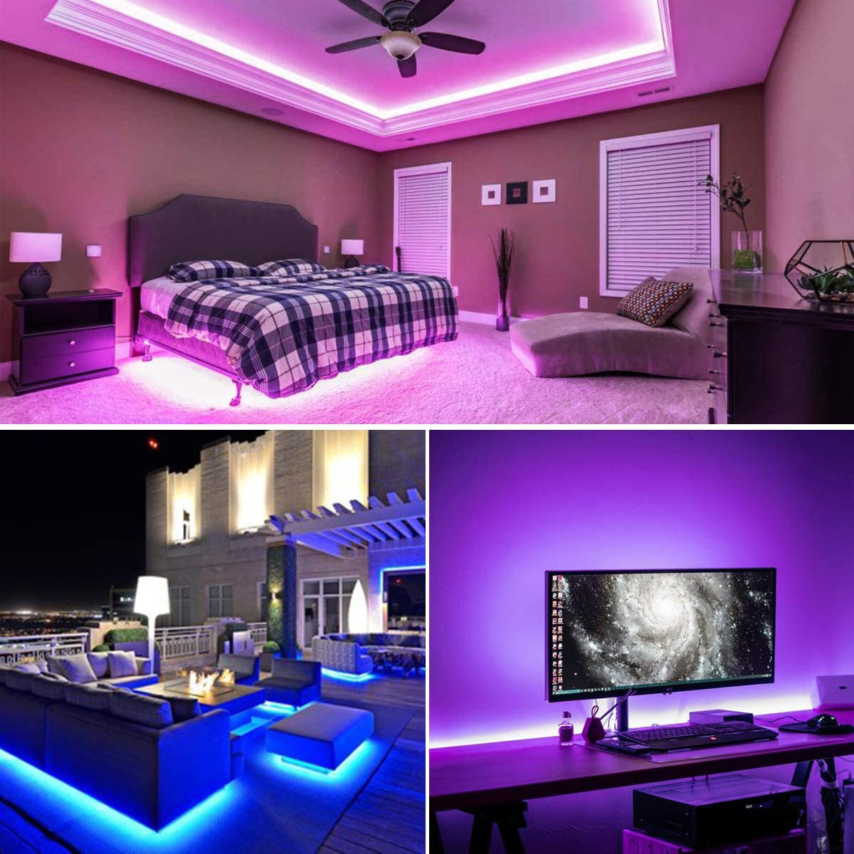 Schlafzimmer- und Außenszenen mit LED-Streifenbeleuchtung. Schlafzimmer: rosa Lichter. Draußen: blaue Lichter. Computerbereich: violette Lichter.