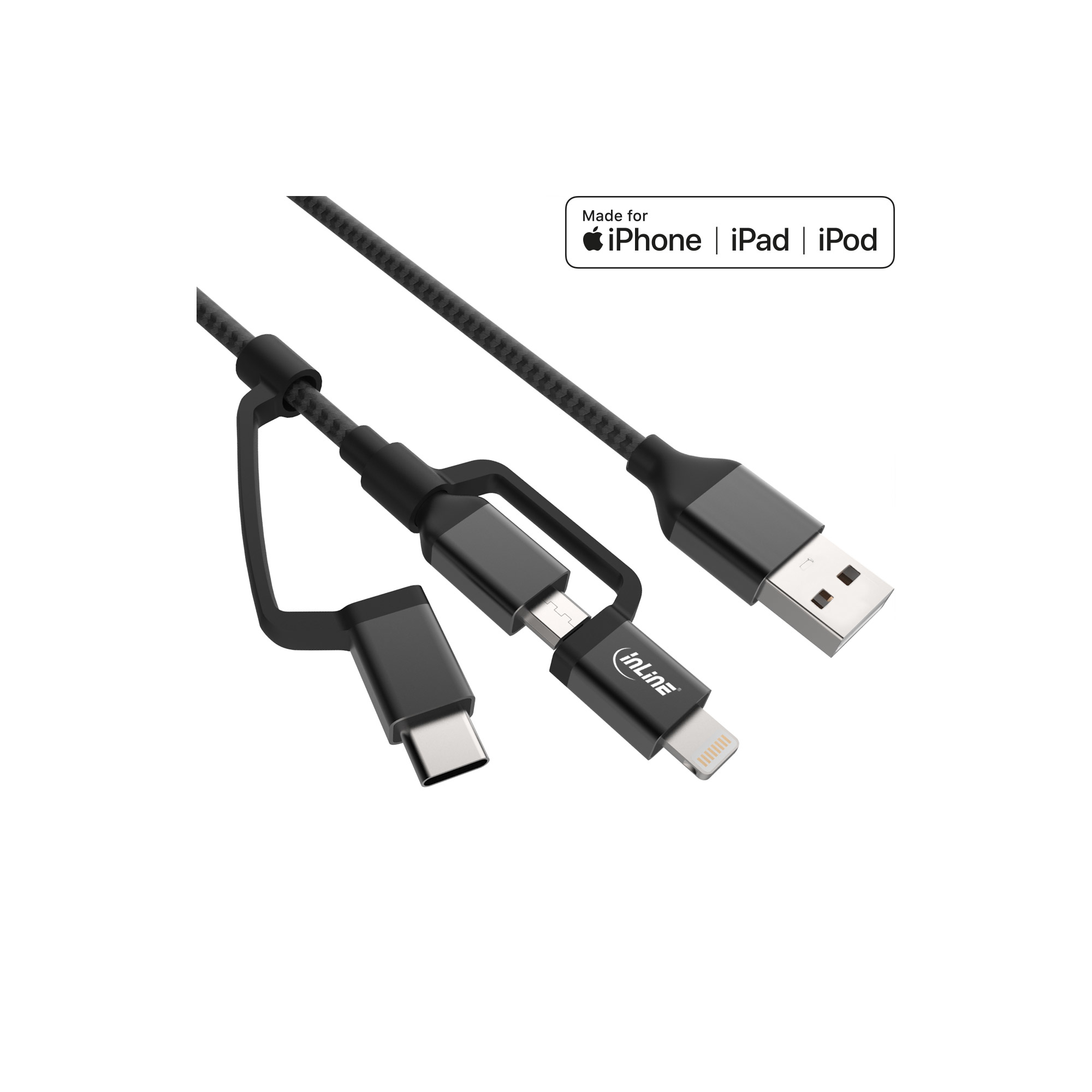 Un cavo nero multi-connettore con connettori USB, USB-C e Lightning. "Inline" è stampato sul connettore Lightning.