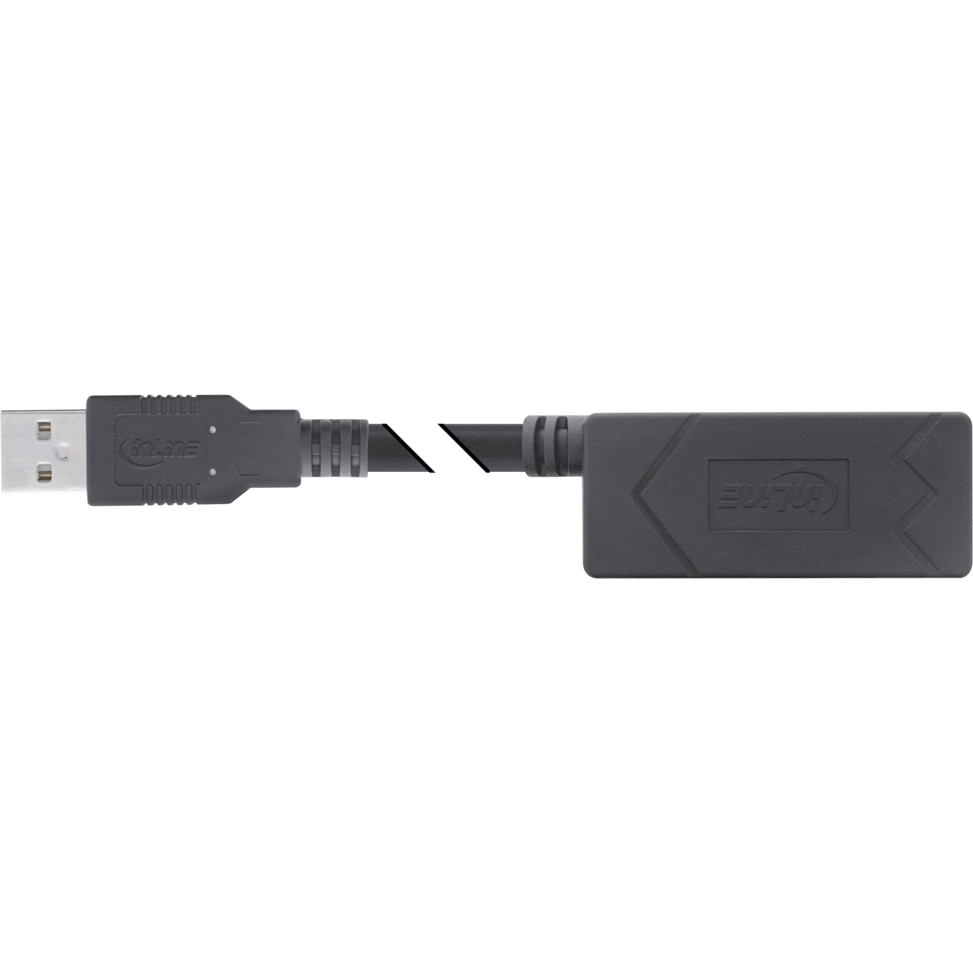 Un cavo di prolunga USB nero con un connettore USB-A maschio a sinistra e un connettore USB-A femmina a destra.
