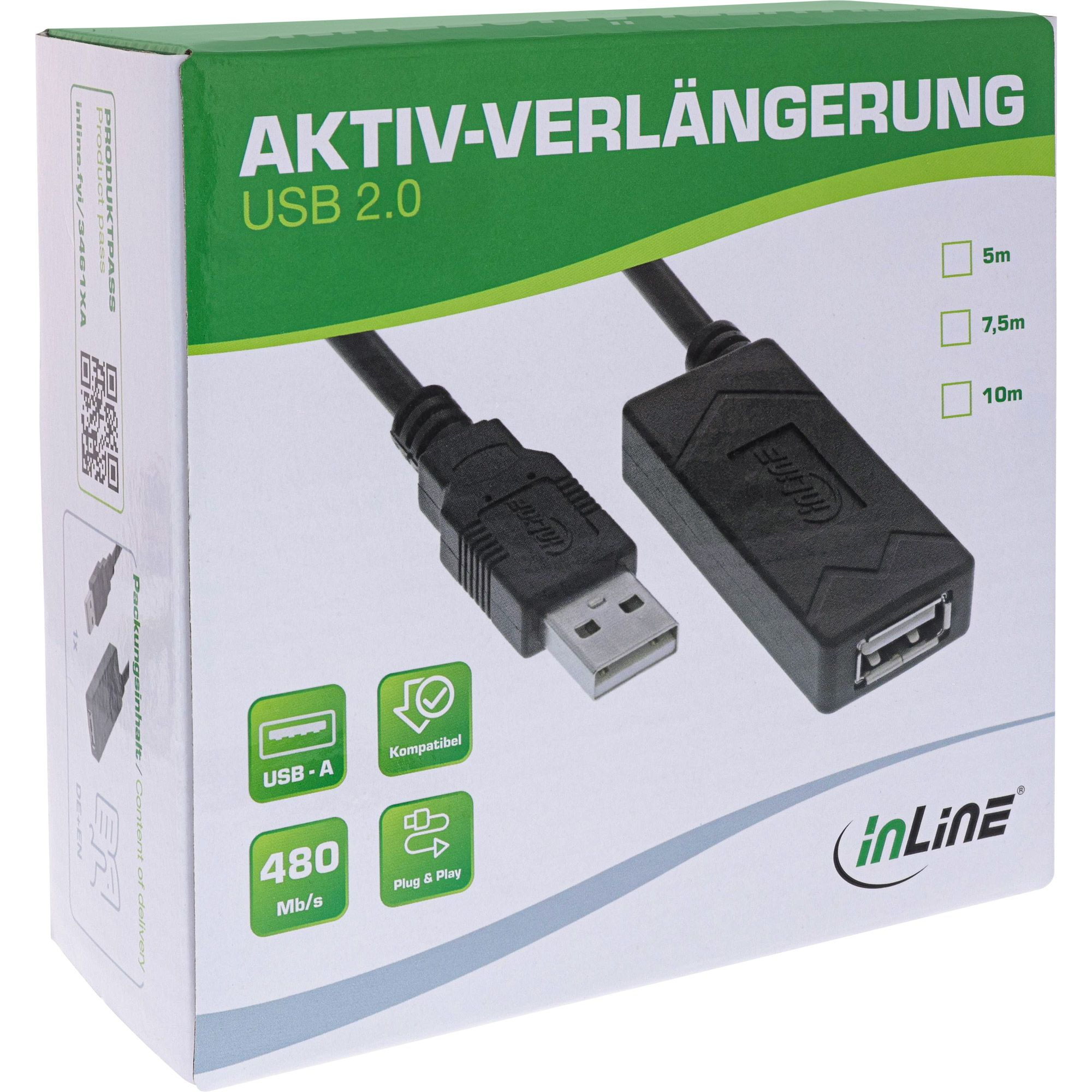 Scatola con un cavo di prolunga USB 2.0. Ha una porta USB-A e USB, cavo nero e testo verde.