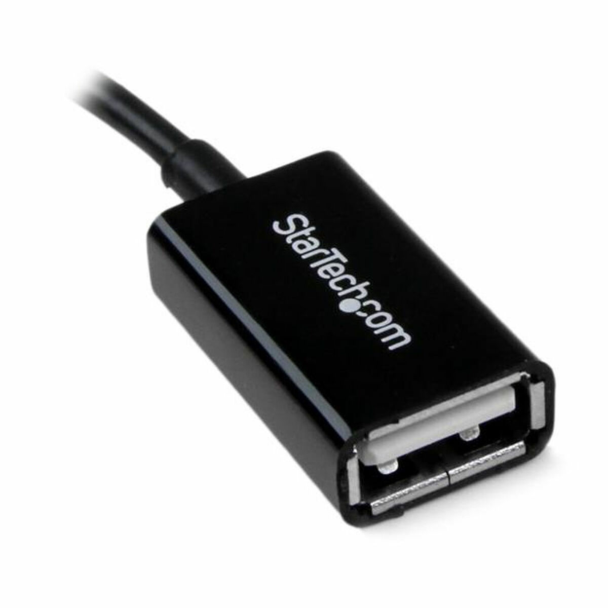 Un adattatore USB nero con testo bianco.