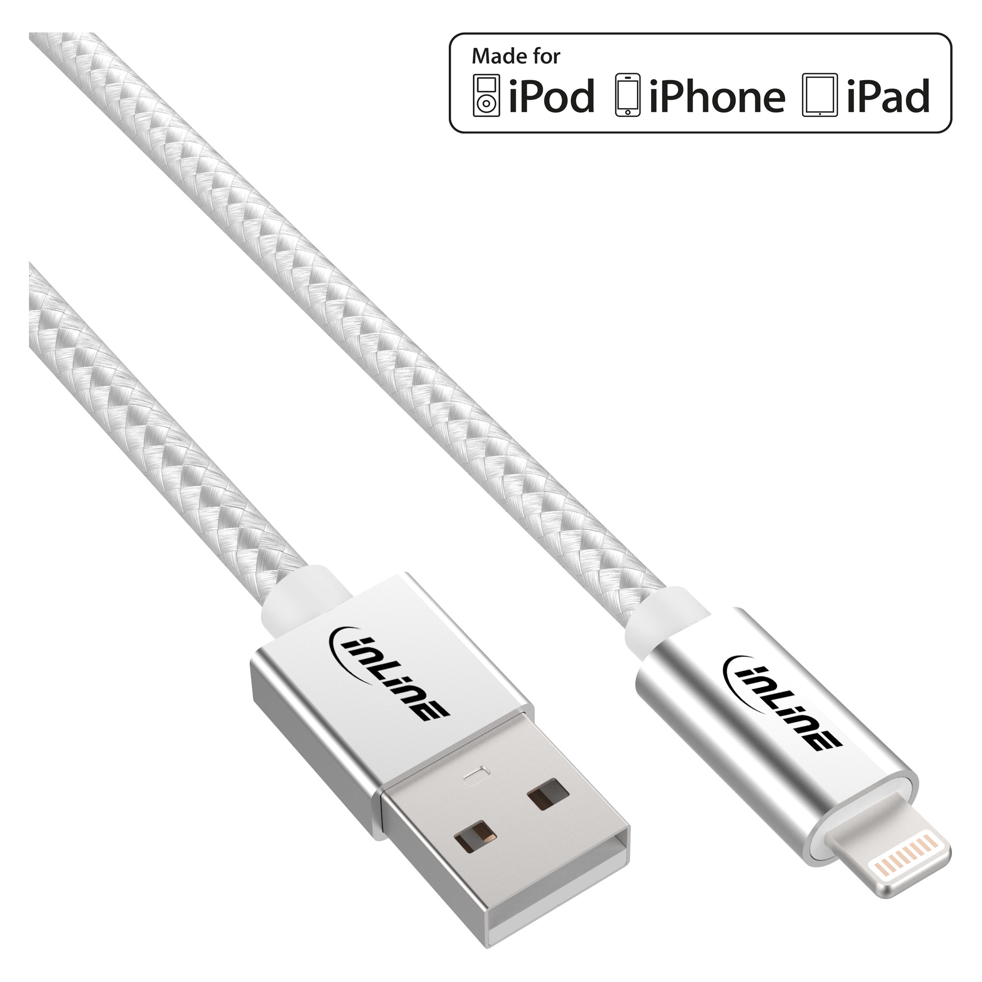 Cavo USB a Lightning bianco e argento con testo.