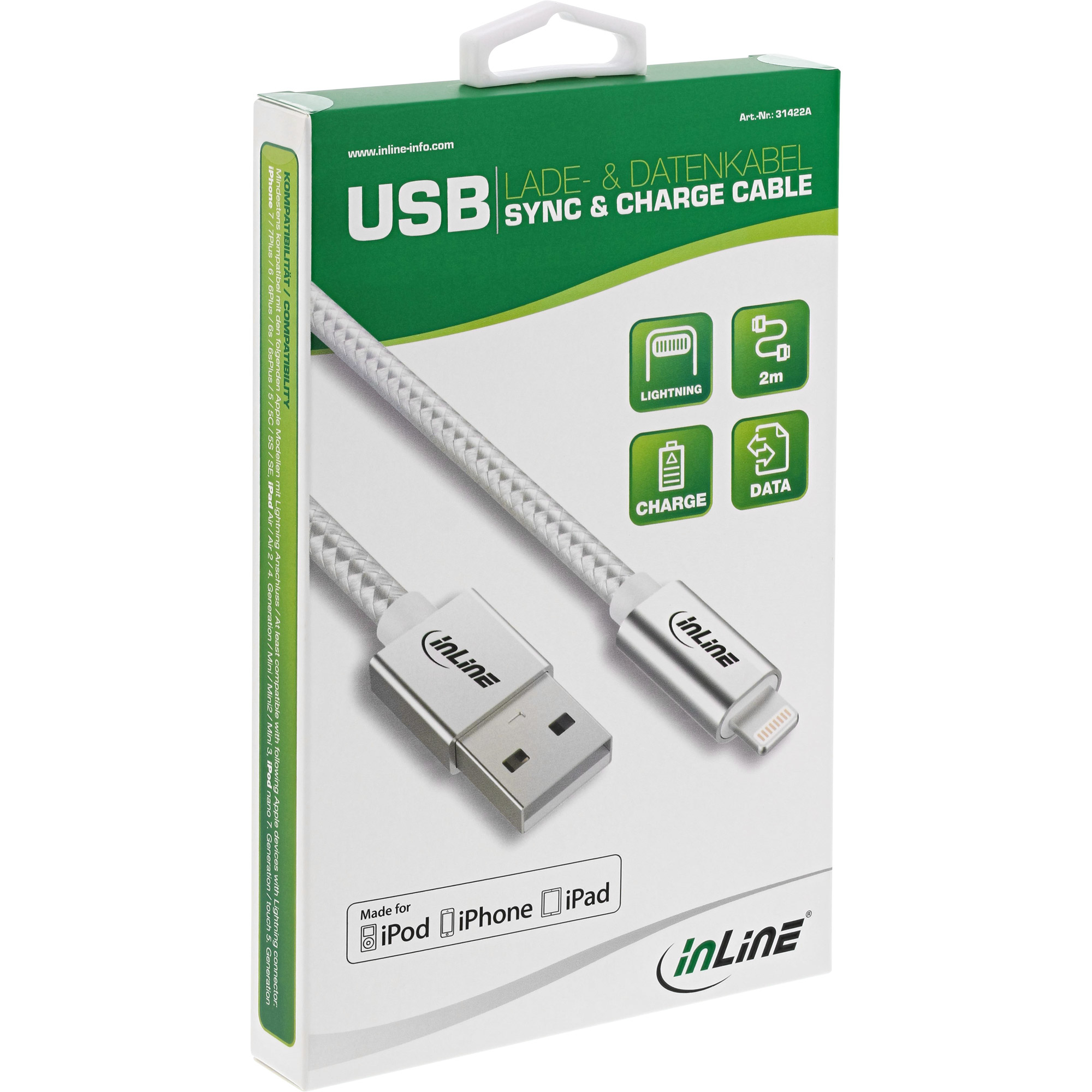 Scatola bianca e verde con cavo di sincronizzazione e ricarica USB. Lightning a USB-A. Sfondo bianco.