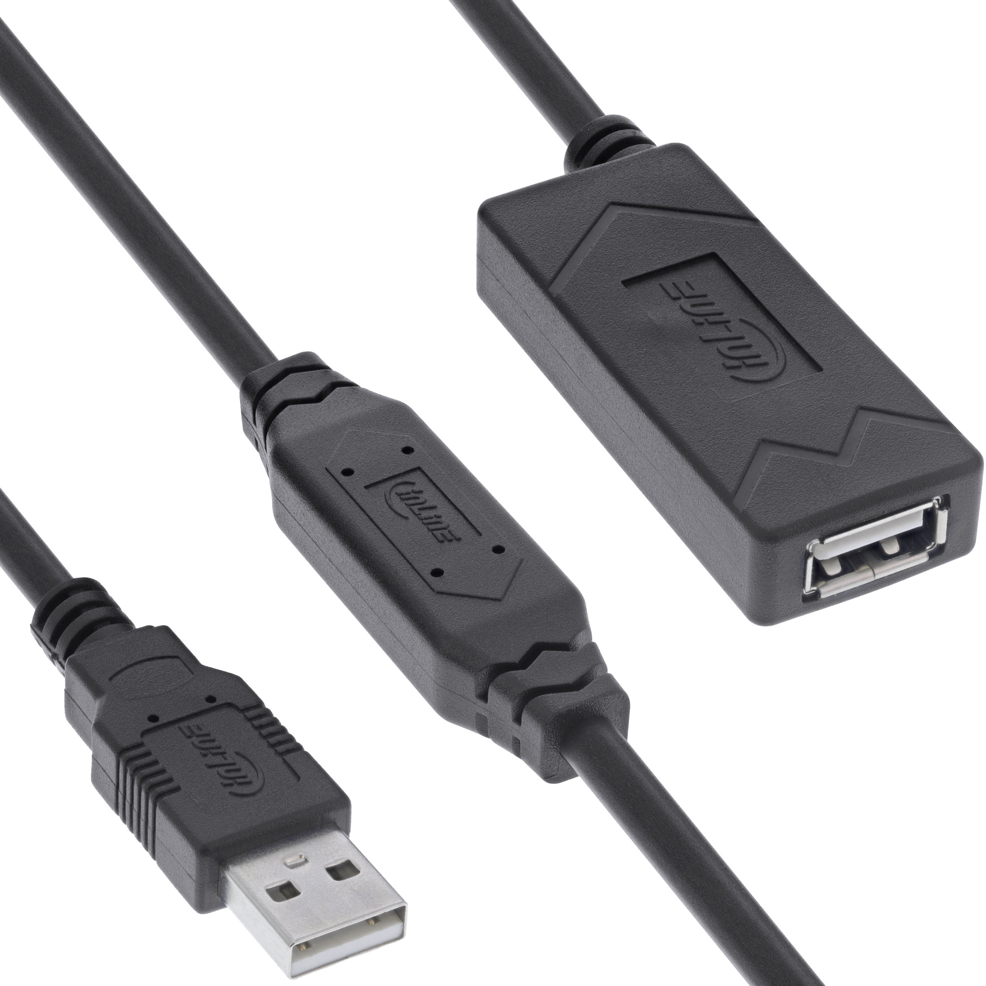 Cavi USB neri con connettori. Uno è un cavo di prolunga USB.