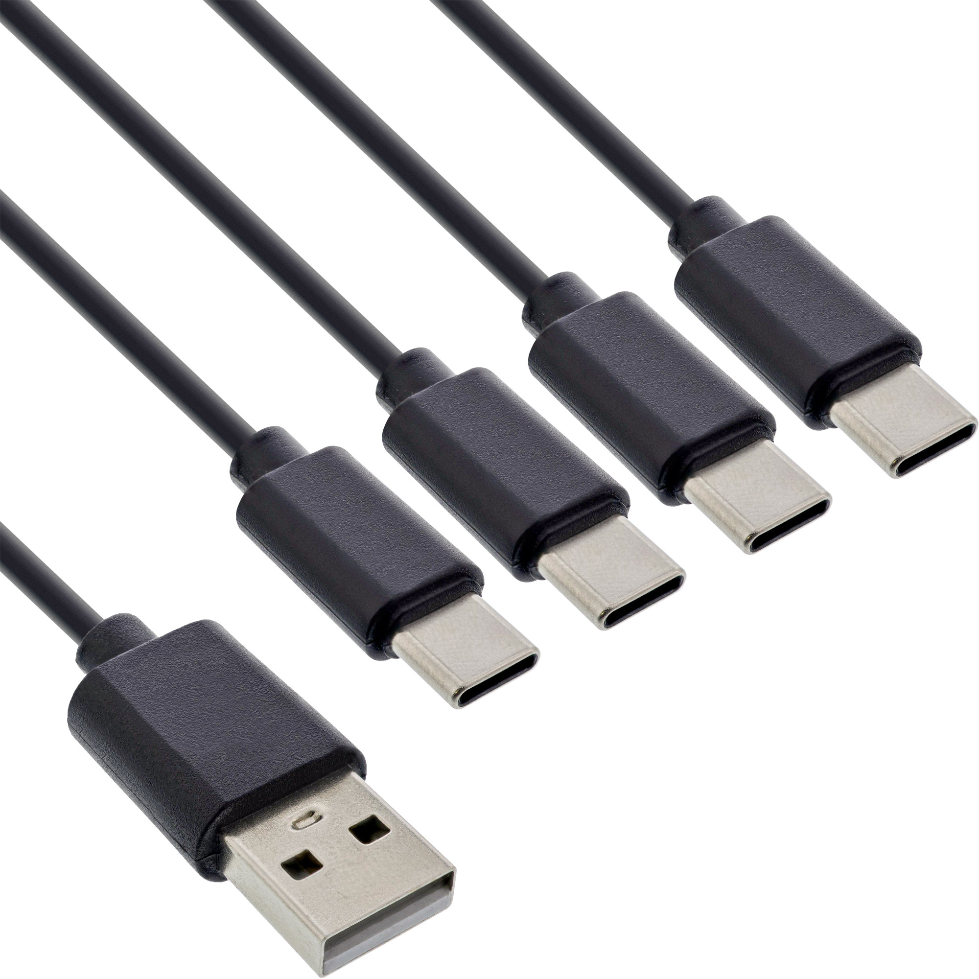 Un cavo da USB-A a USB-C con un connettore USB-A a sinistra e quattro connettori USB-C a destra.