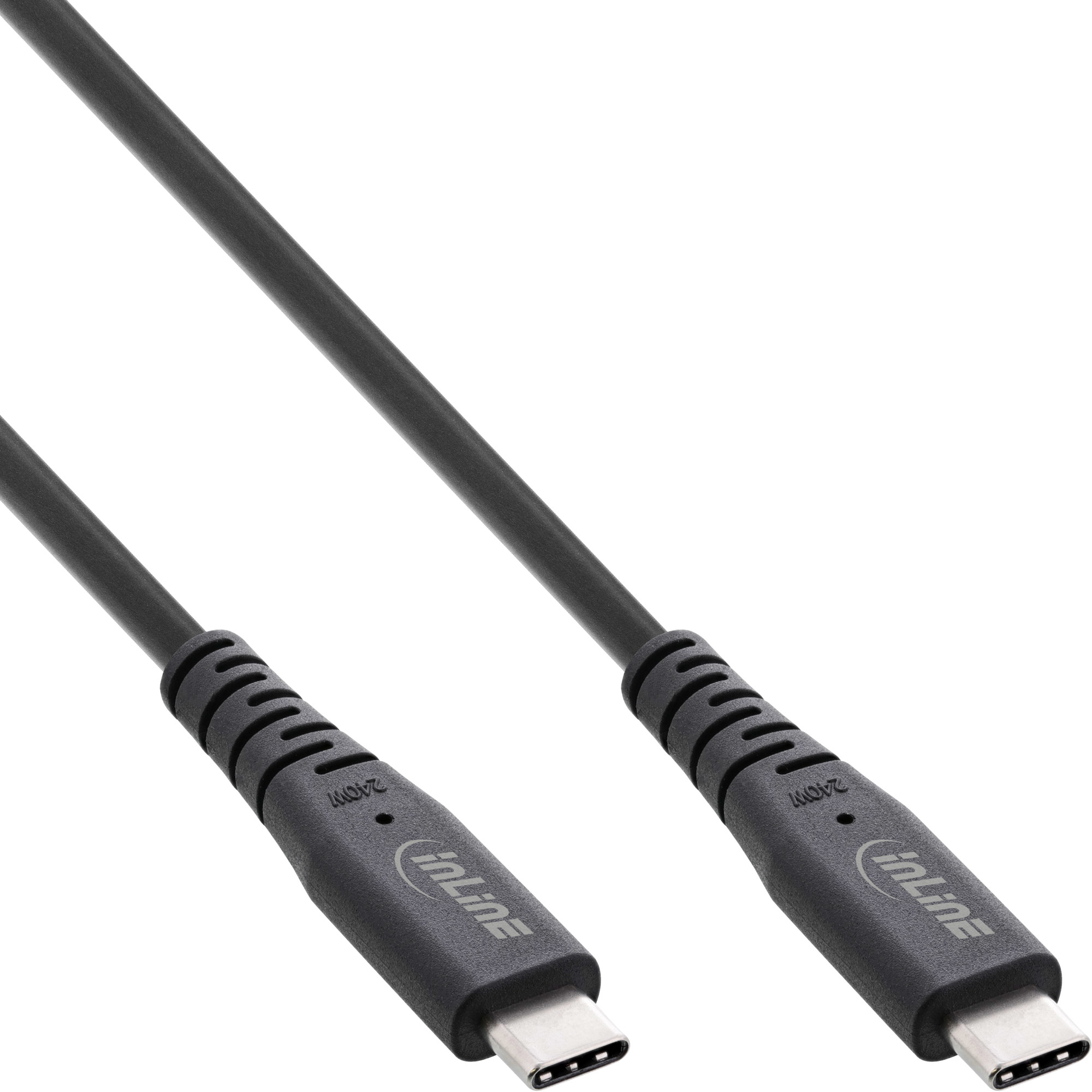 Zwarte USB-C-kabels. Witte achtergrond. Inline-logo op de connector.
