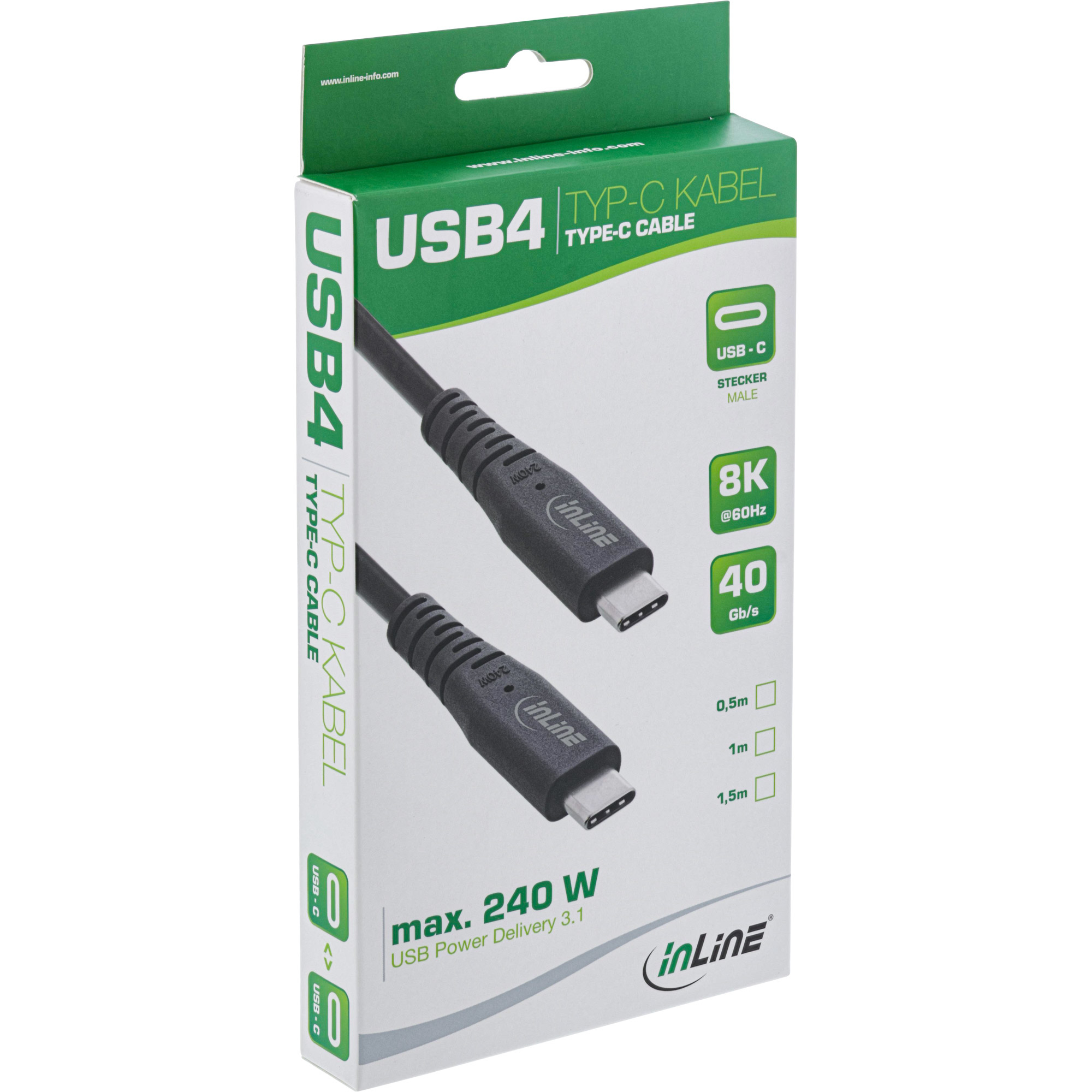 Doos met een USB4 Type-C-kabel. Zwarte kabel en connectoren. Groene en witte doos.