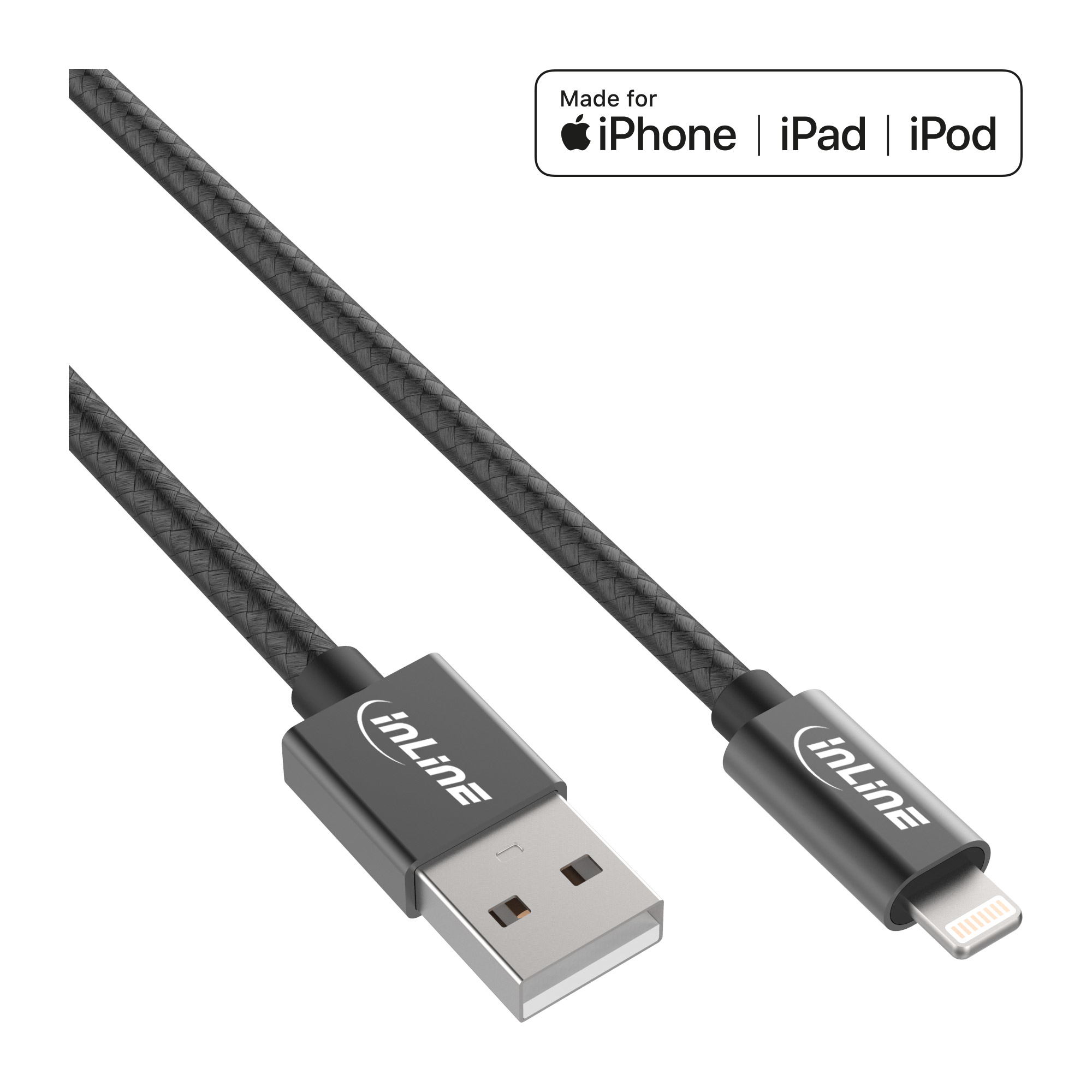 Cavo USB nero con connettore Lightning. Per iPhone, iPad, iPod. Sfondo bianco.
