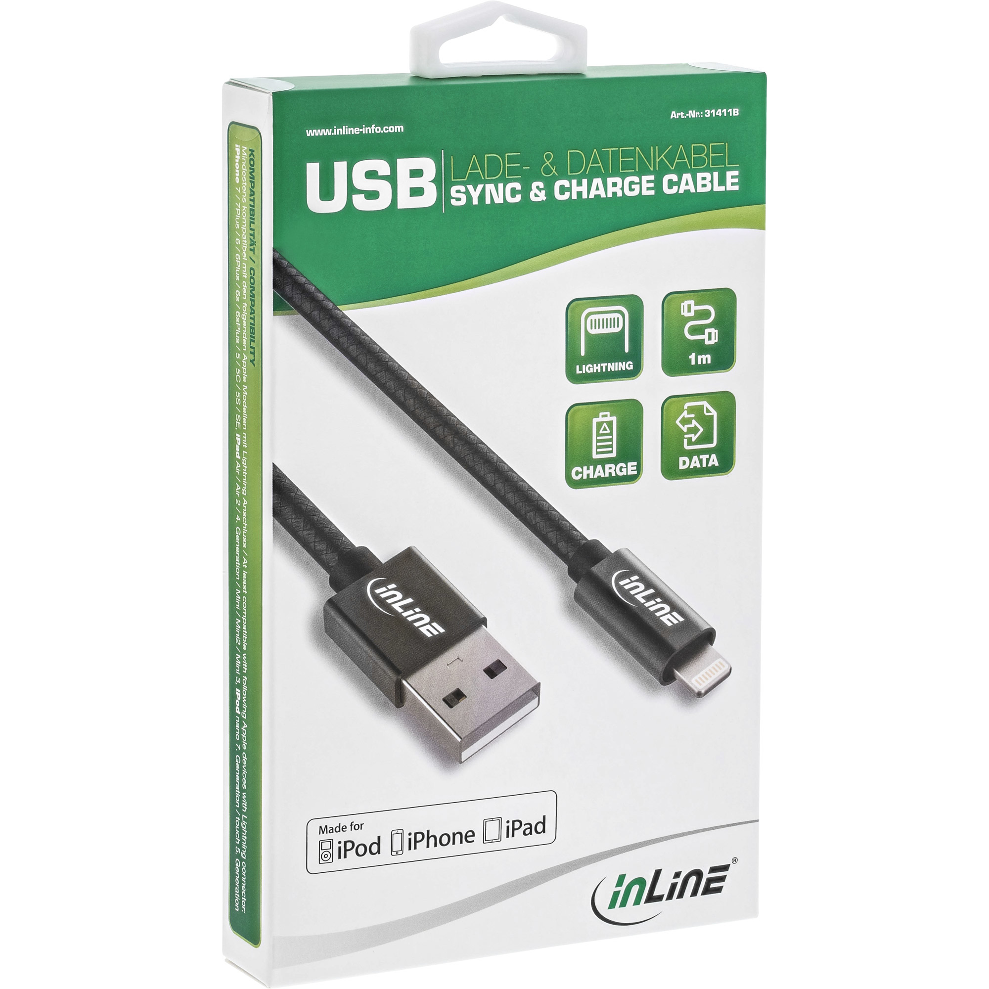 Cavo USB nero di sincronizzazione e ricarica in scatola bianca. Il cavo ha un connettore USB e Lightning.