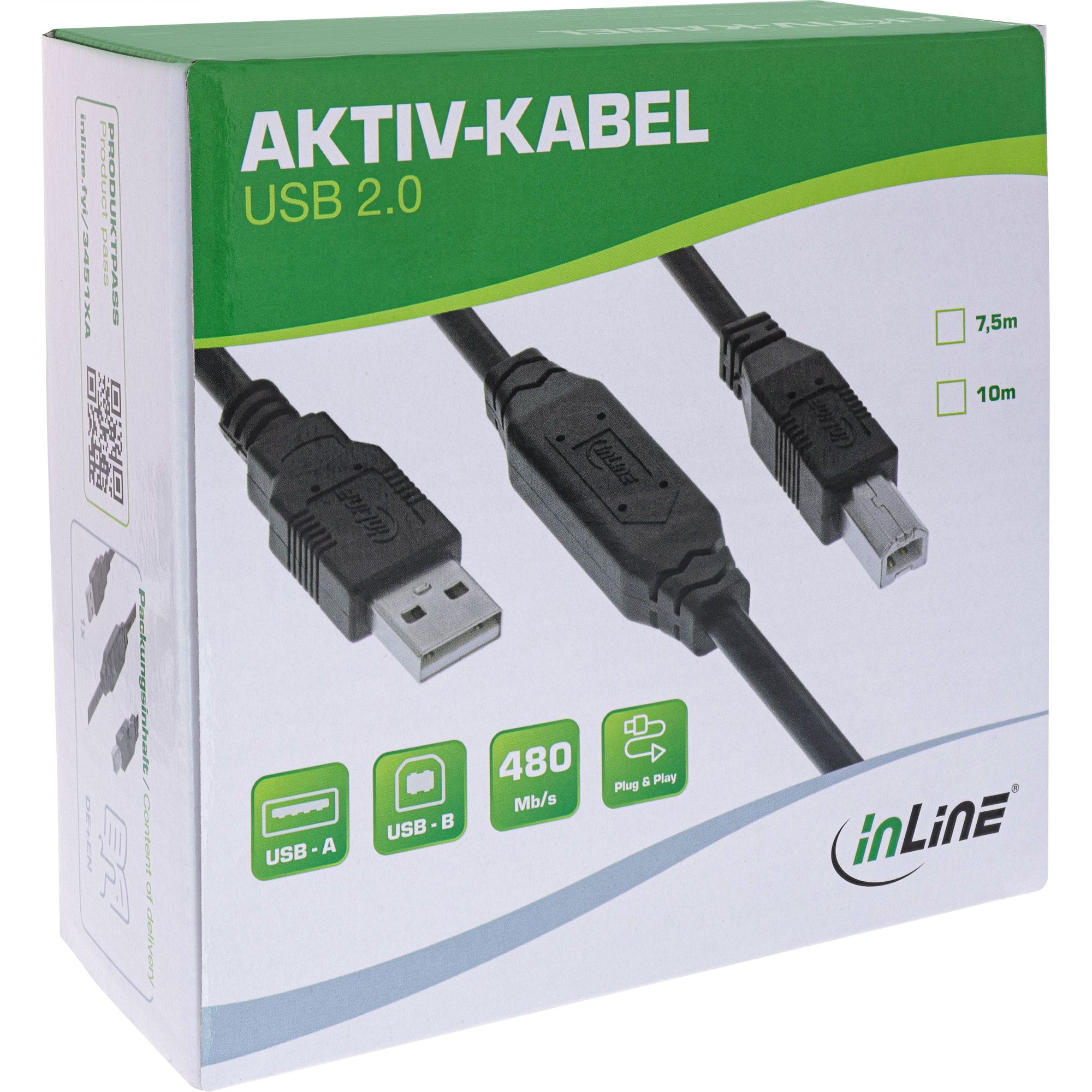 Una scatola con l'etichetta 'AKTIV-KABEL USB 2.0' con cavi e connettori USB.