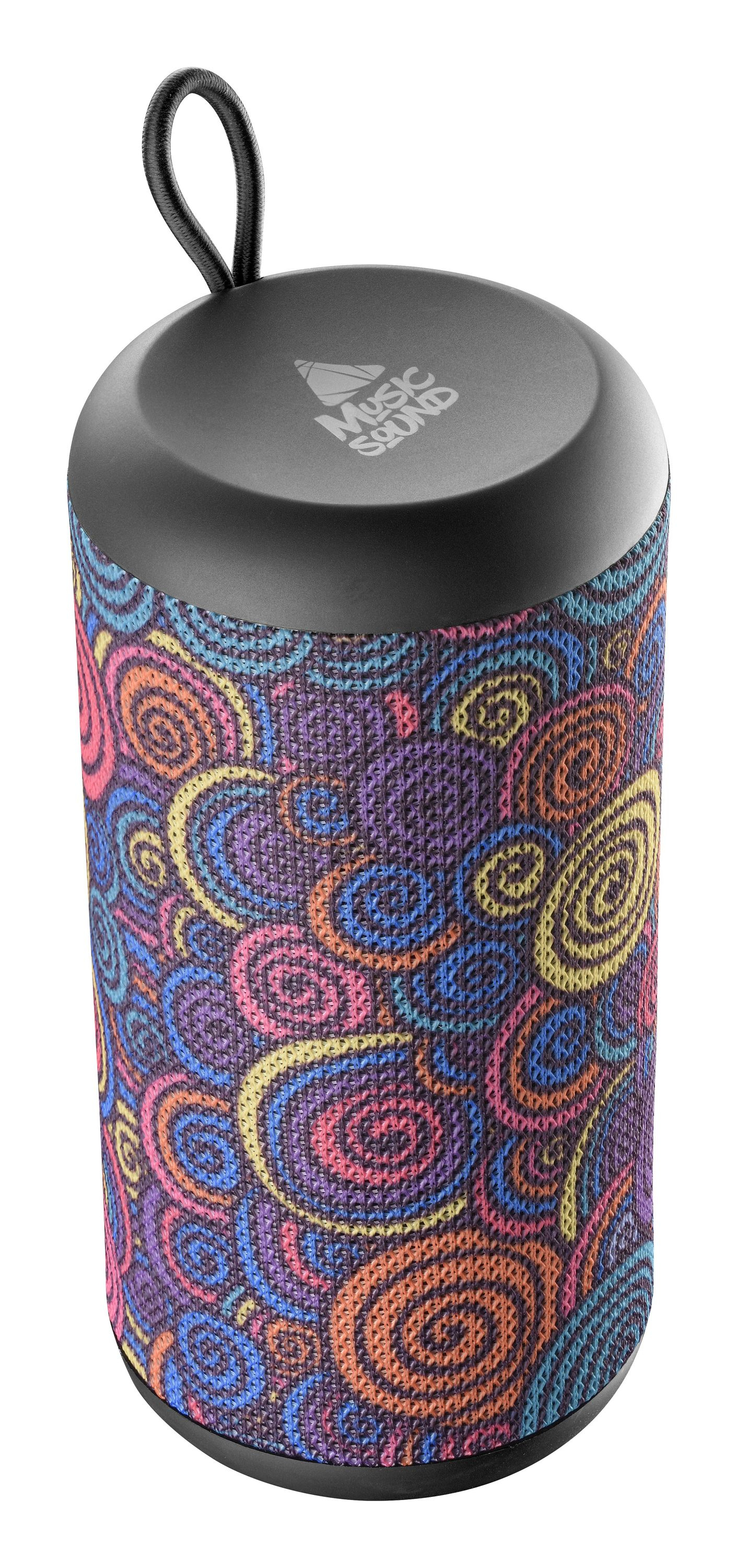 Cylindryczny głośnik z kolorowym wzorem i czarnym wierzchem.