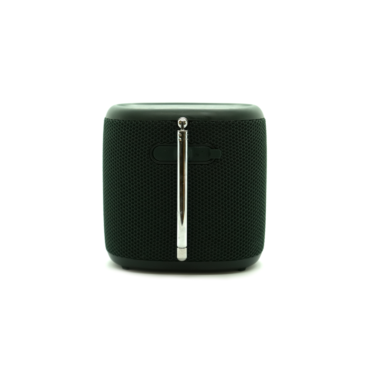 Enceinte noire avec antenne métallique. Fond blanc.