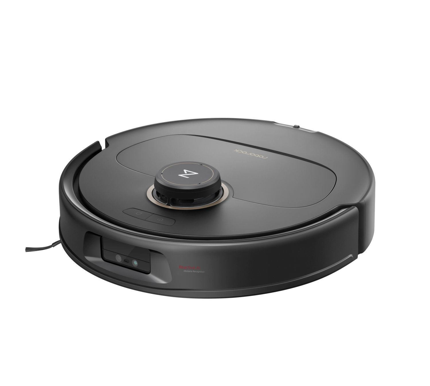 Czarny, okrągły robot sprzątający z centralnym czujnikiem. Znajduje się na białej powierzchni, widok z góry.