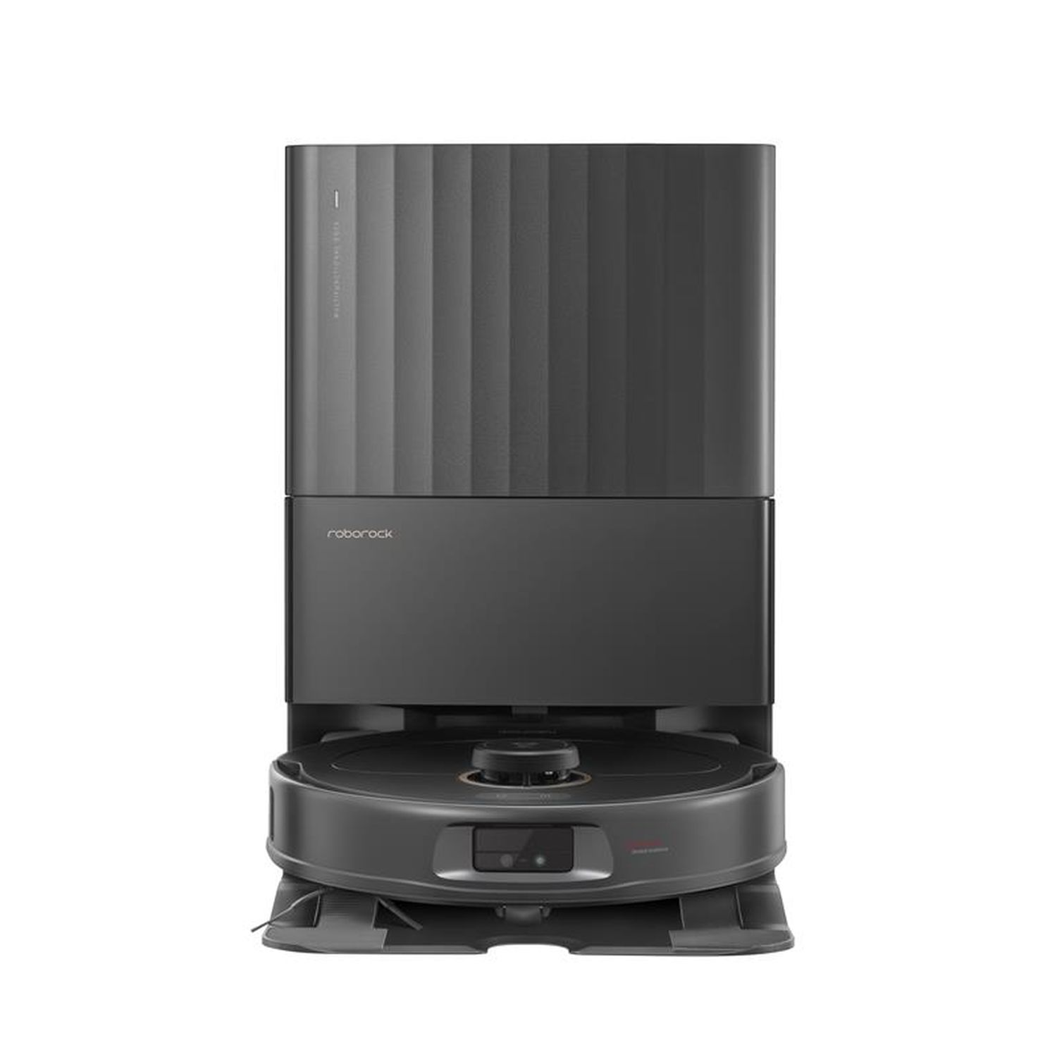 Czarny odkurzacz robot na stacji ładującej, na białym tle.