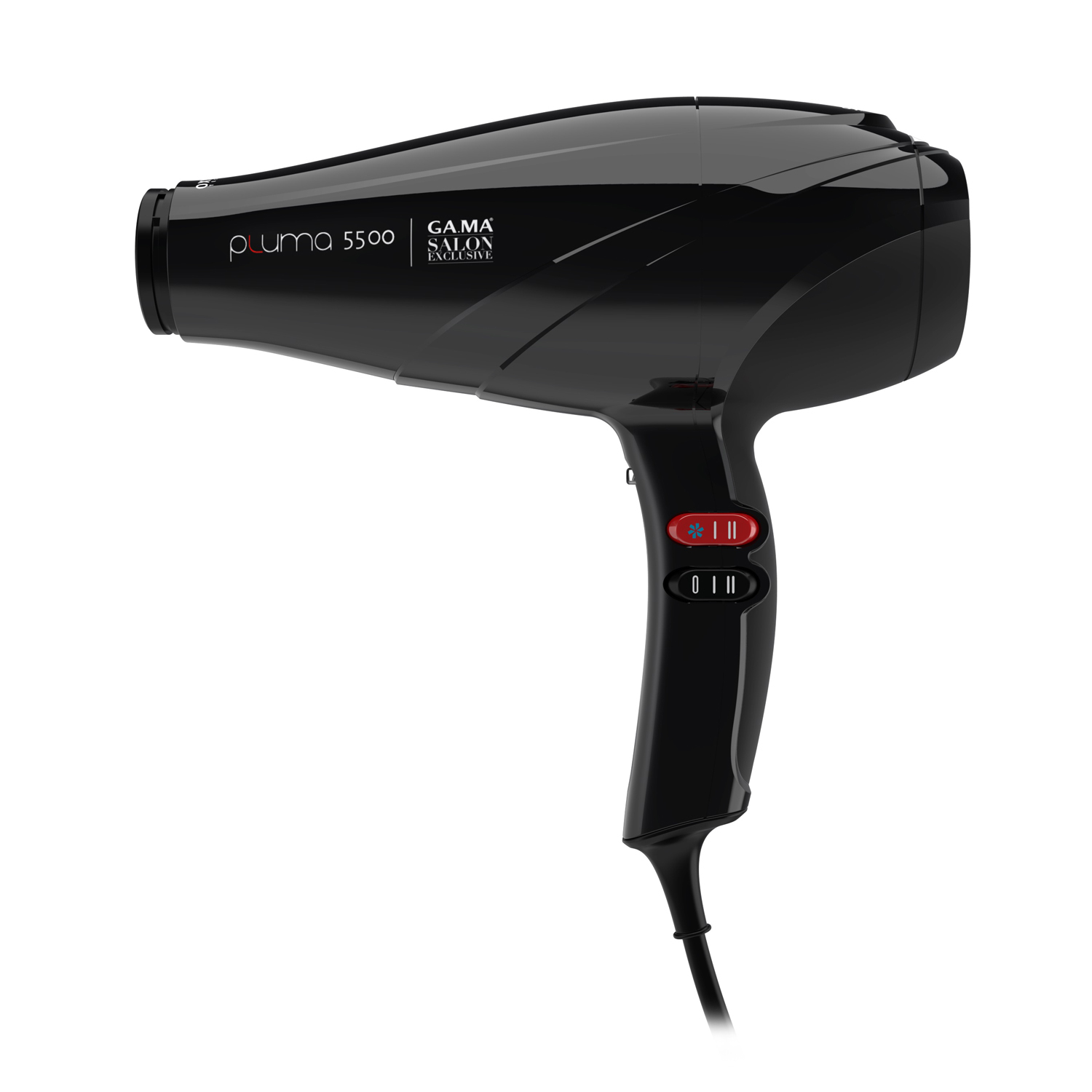 Asciugacapelli nero con bottoni rossi. Logo Pluma 5500 Gama Salon Exclusive.