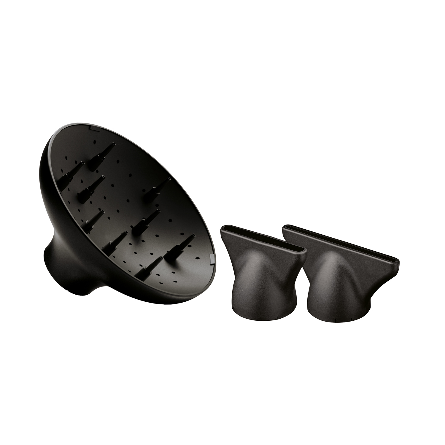 Czarny dyfuzor do suszarki do włosów i dwie nasadki dysz, wszystko na białym tle.