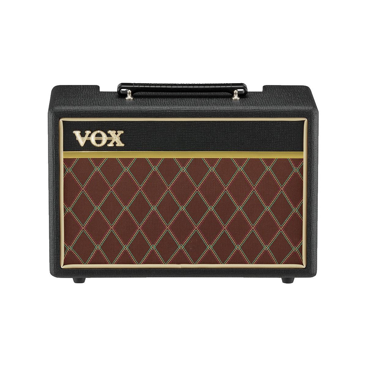 Amplificatore per chitarra Vox nero. Copertura dell'altoparlante a rete marrone e verde. Maniglia superiore nera.