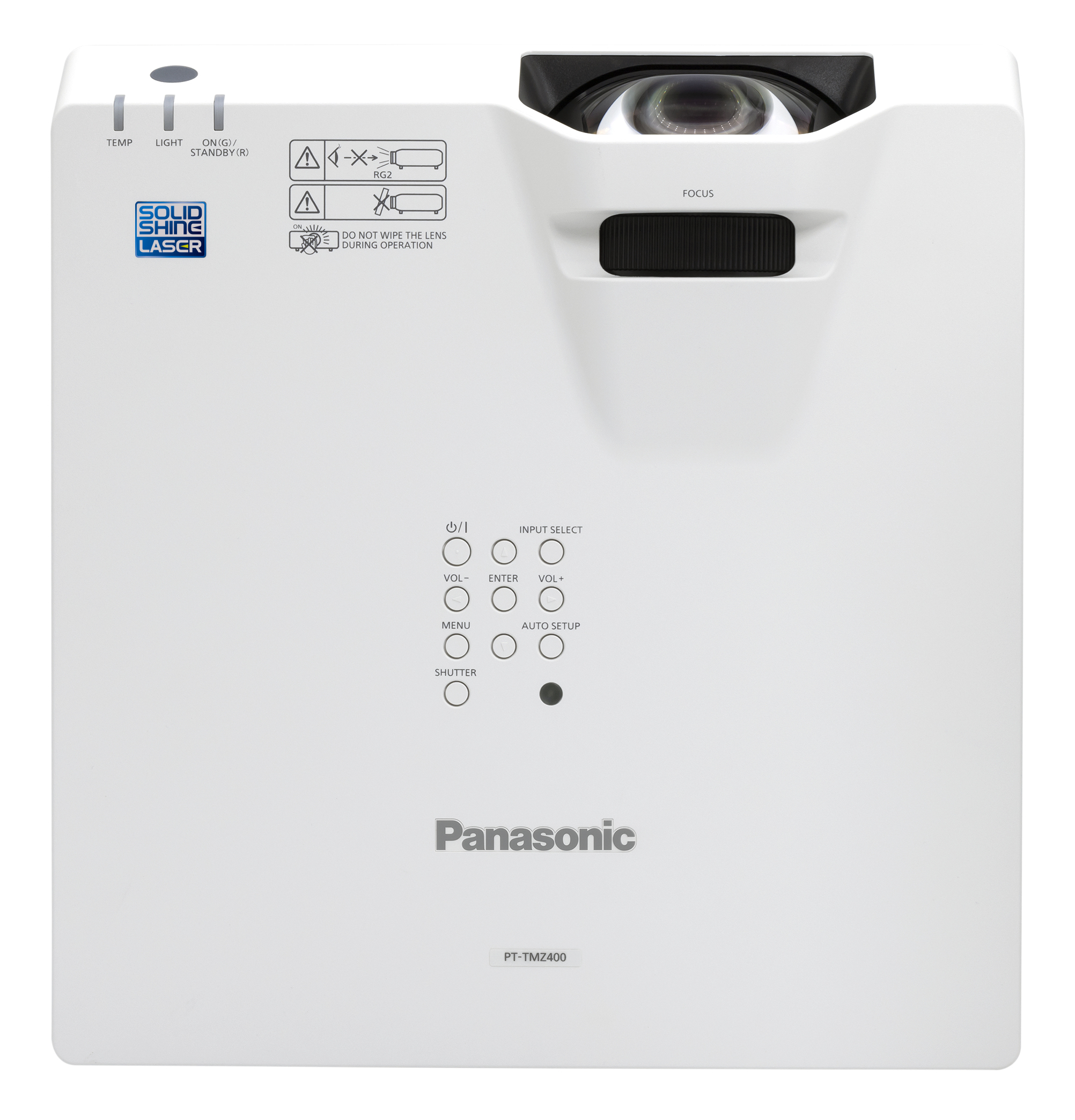 Ein weißer Panasonic-Projektor mit Steuertasten und Objektiv. Draufsicht.