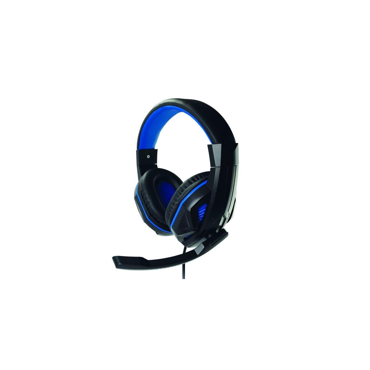 Cuffie da gioco nere e blu su sfondo bianco. Include padiglioni, archetto e microfono.