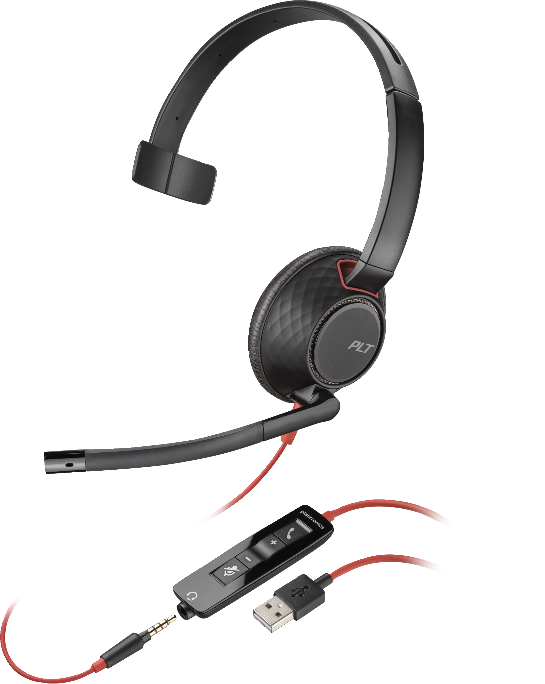 Cuffie Plantronics nere con microfono e controlli, collegati da un cavo rosso.