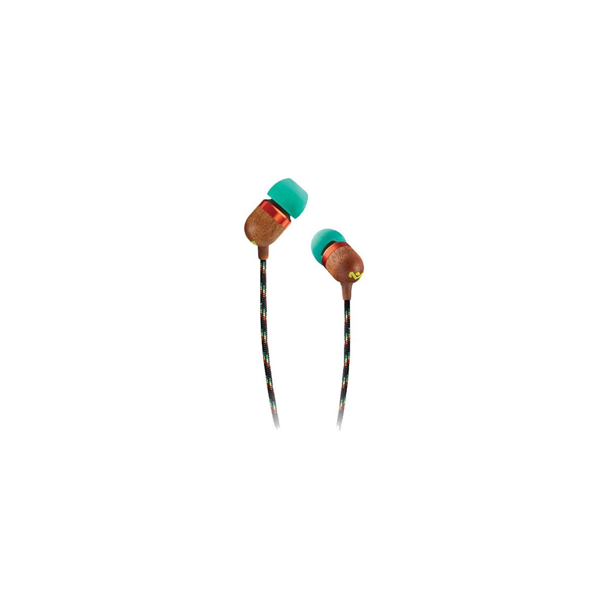 Dos auriculares internos con detalles marrones y verdes, y un cable trenzado con hilos rojos y negros.