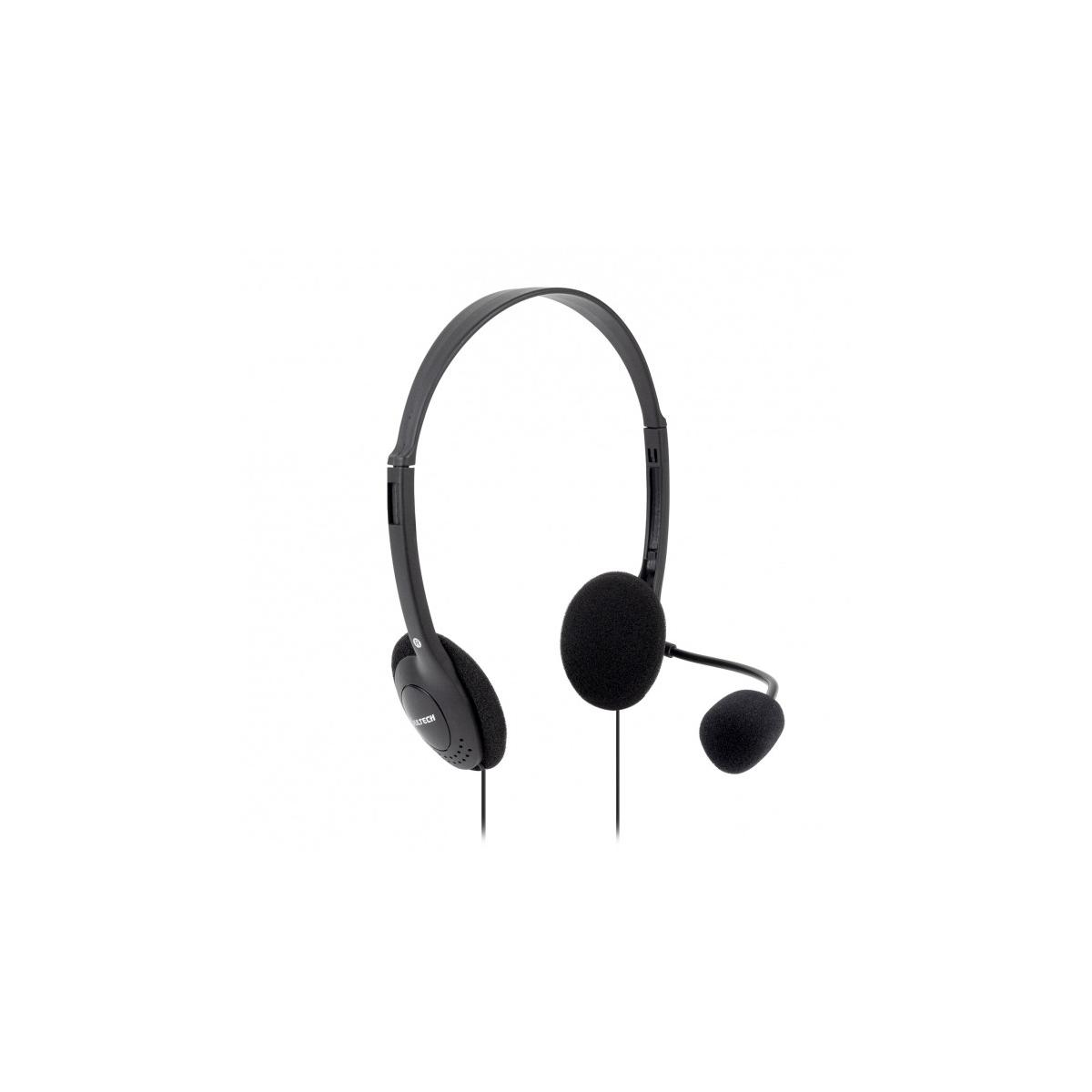 Czarne słuchawki z dołączonym mikrofonem, na białym tle.