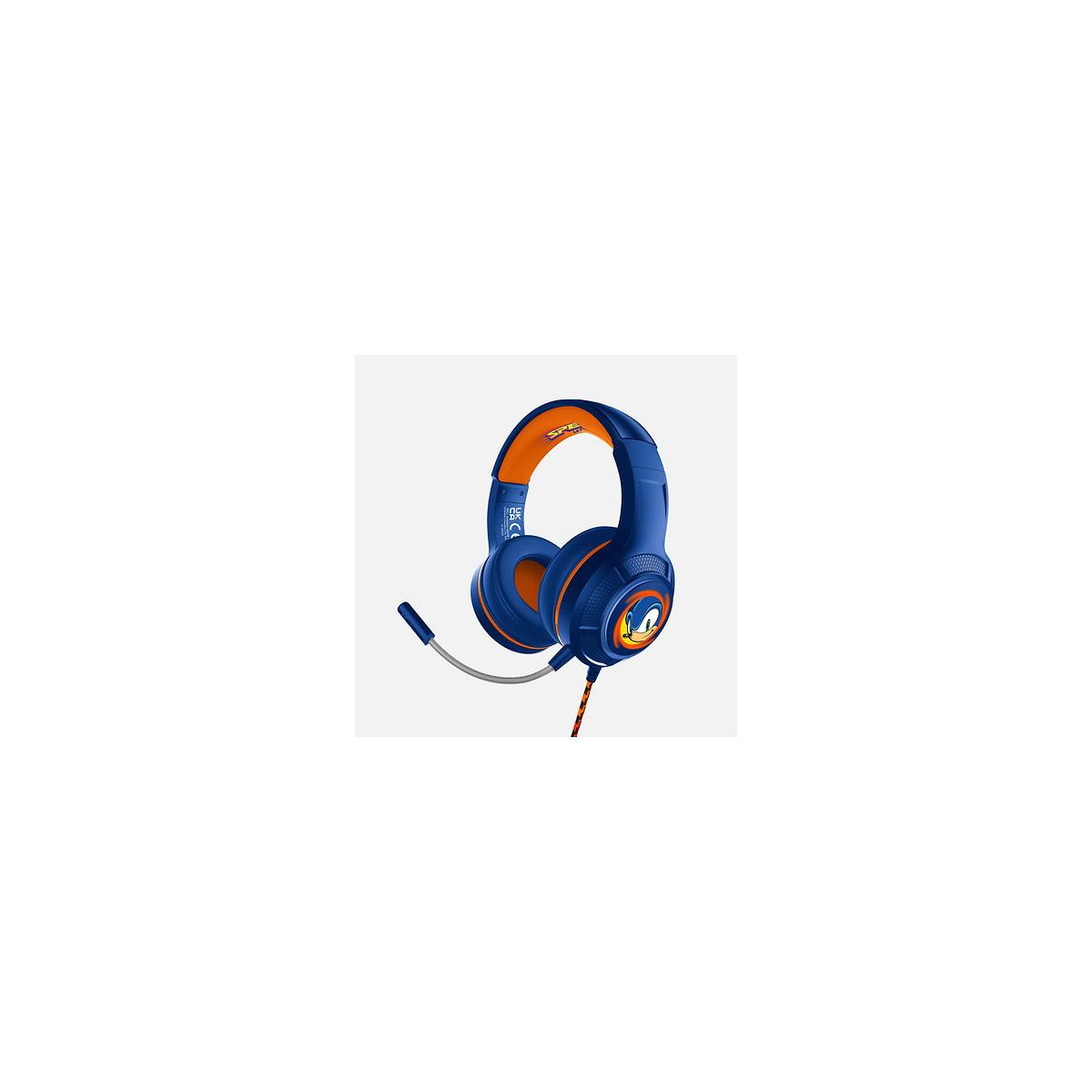 Blau-orange Sonic-Gaming-Kopfhörer mit Mikrofon, isoliert auf weißem Hintergrund.