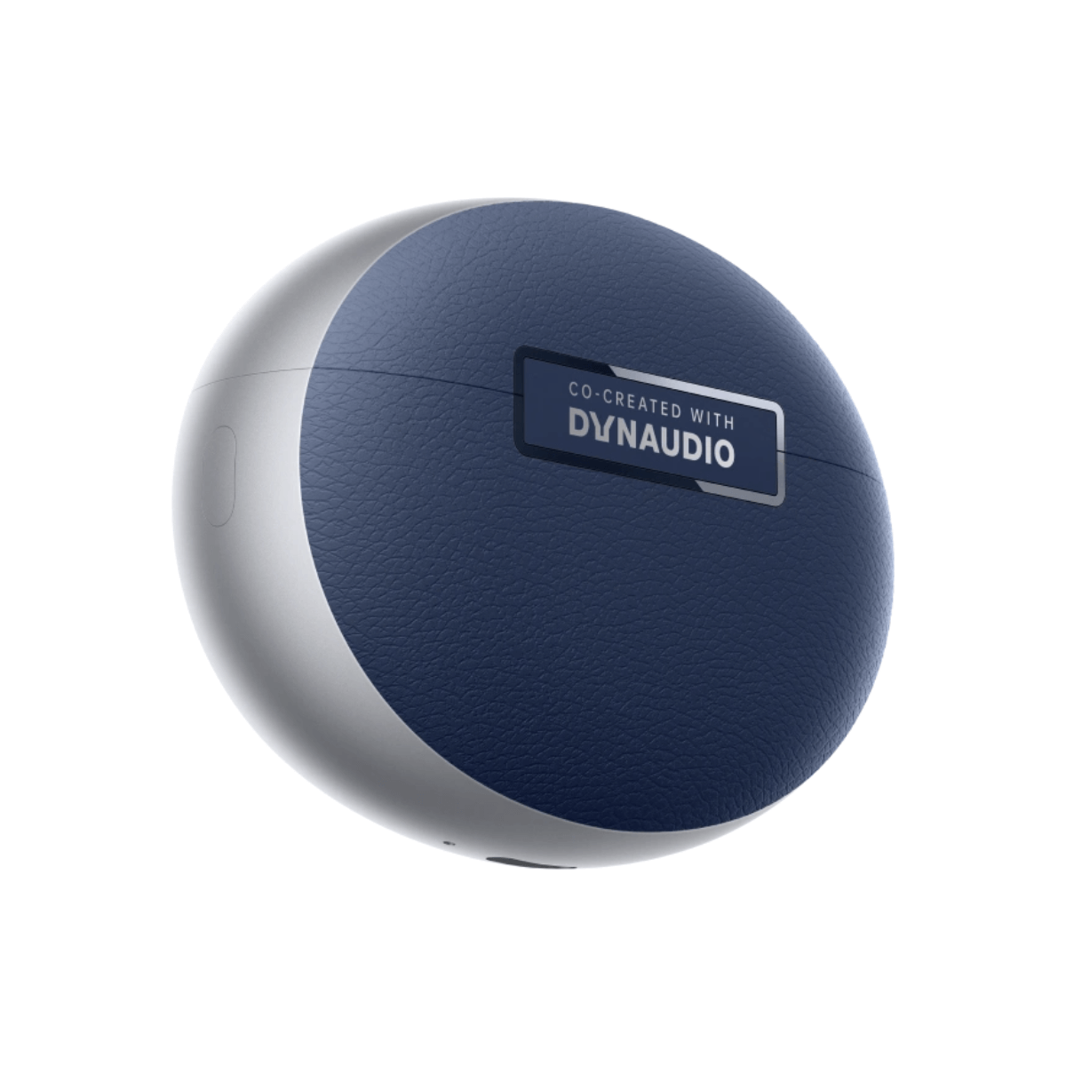 Granatowo-srebrne etui na słuchawki Dynaudio z wyświetloną nazwą marki.