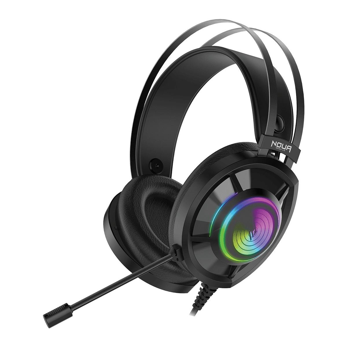 Cuffie da gioco nere con luci LED colorate e microfono, su sfondo bianco.