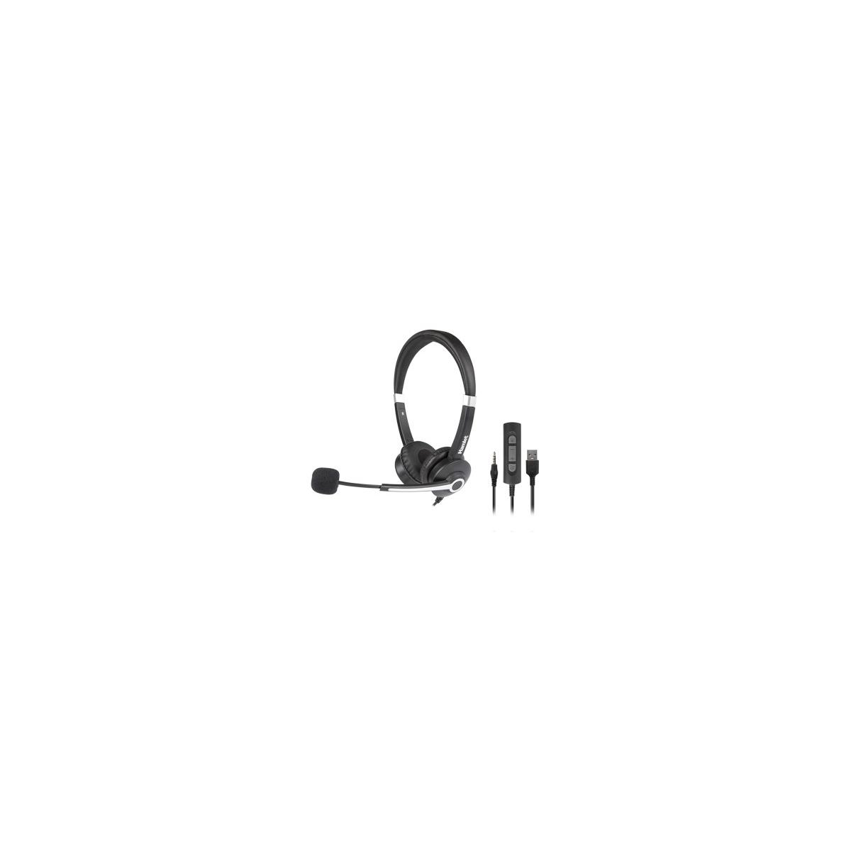 Cuffie nere con microfono e controllo in linea. Ha un cavo USB-C e un jack da 3,5 mm.