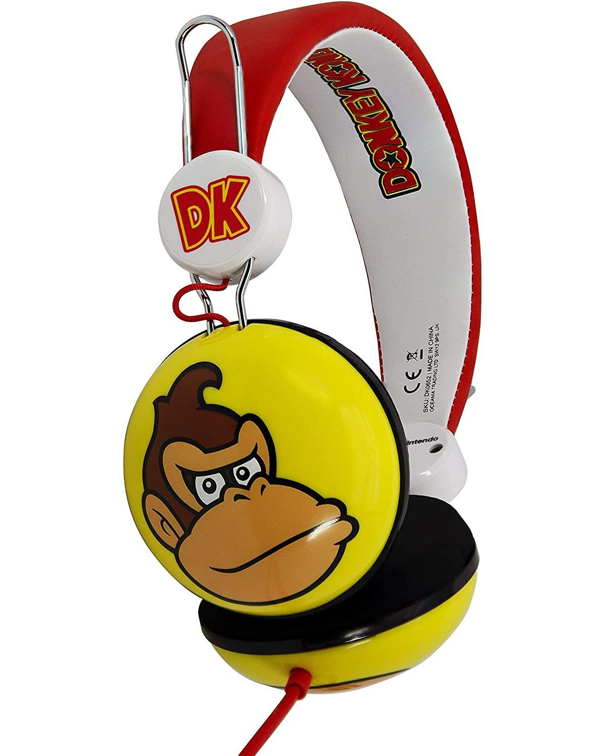 Słuchawki Donkey Kong. Nauszniczki są żółte z twarzą Donkey Konga. Pałąk jest czerwony.
