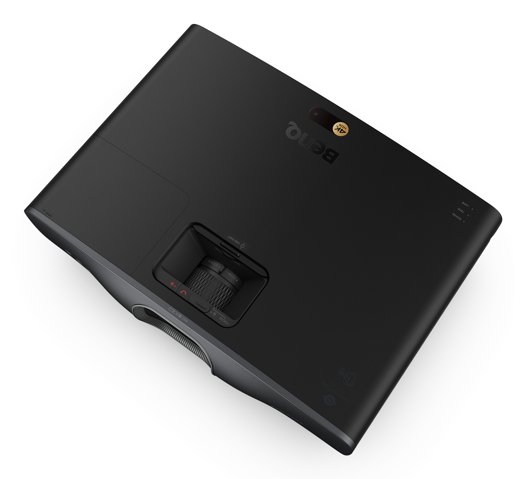Czarny projektor BenQ, widok z góry. Ma obiektyw, przyciski oraz logo BenQ i 4K na swojej powierzchni.