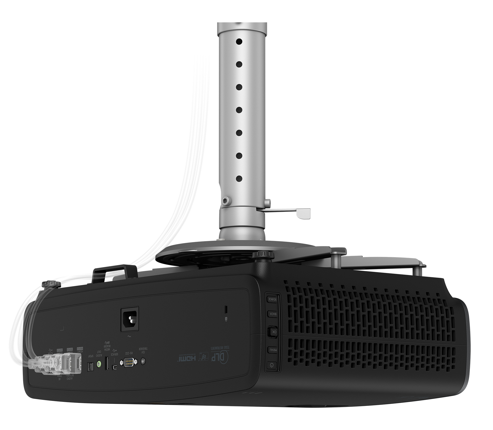 Czarny projektor zawieszony na uchwycie sufitowym, z widocznymi kablami i portami.