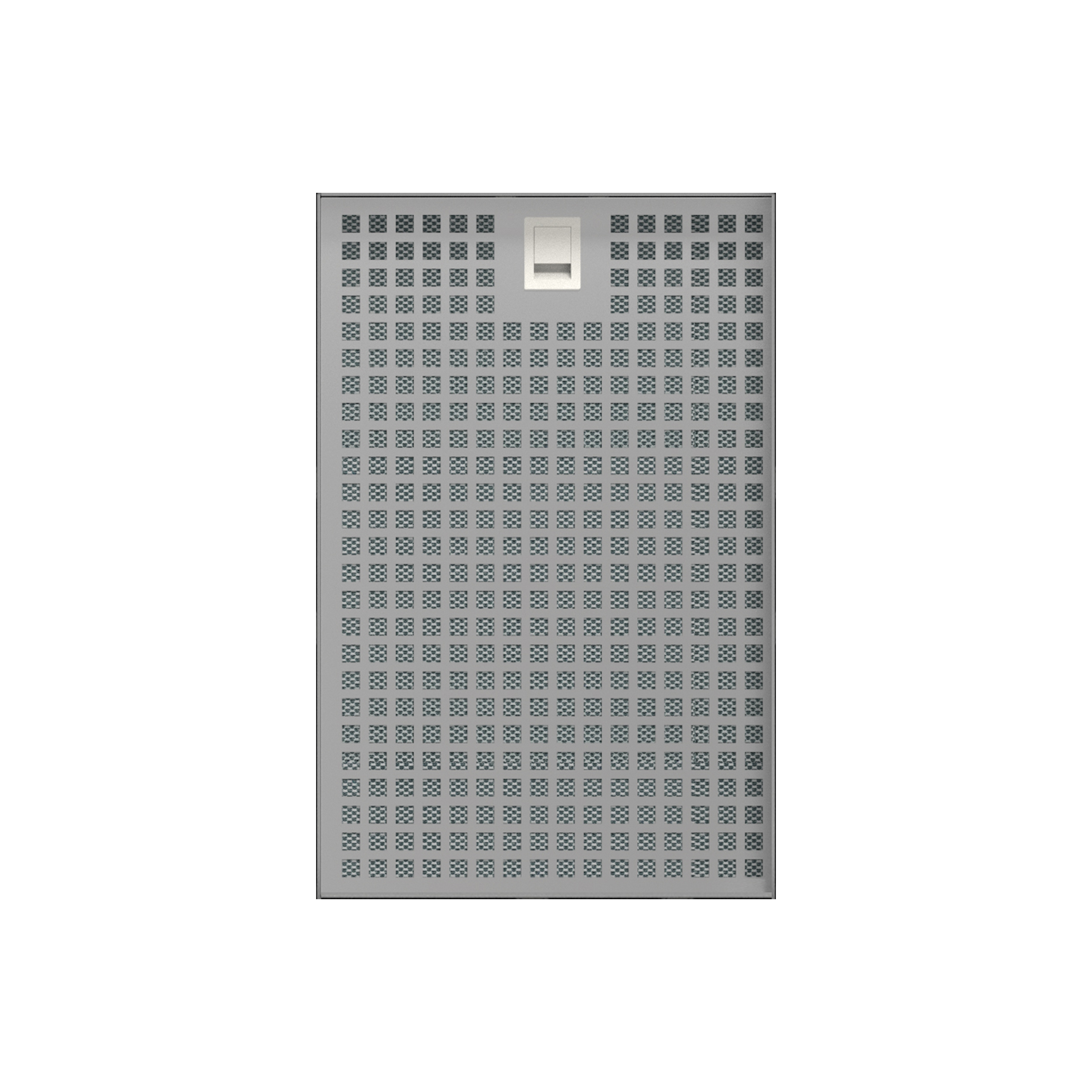 Un panel gris perforado. Tiene un pequeño elemento rectangular blanco en la parte superior.