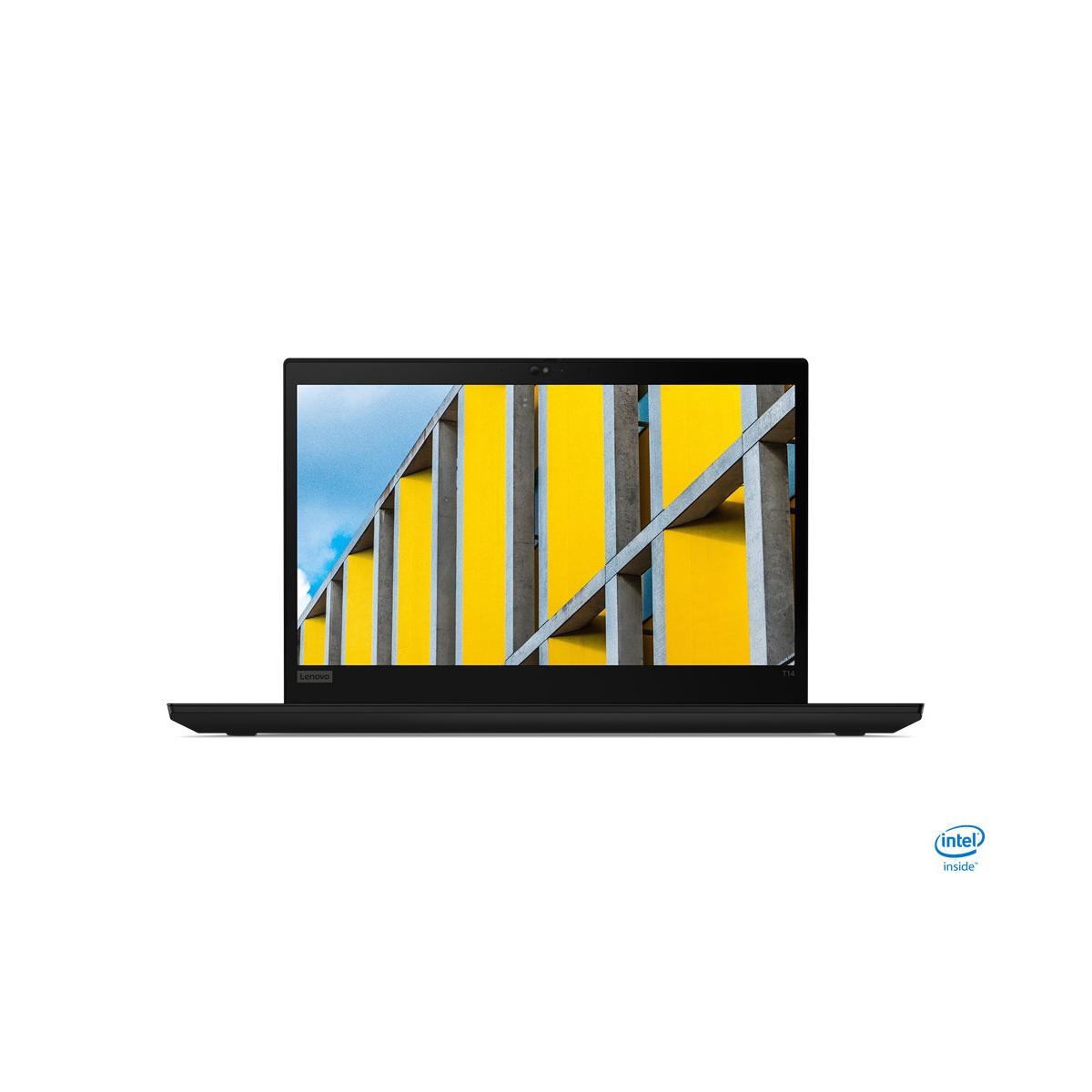 Laptop Lenovo nero con un edificio giallo e bianco sullo schermo.