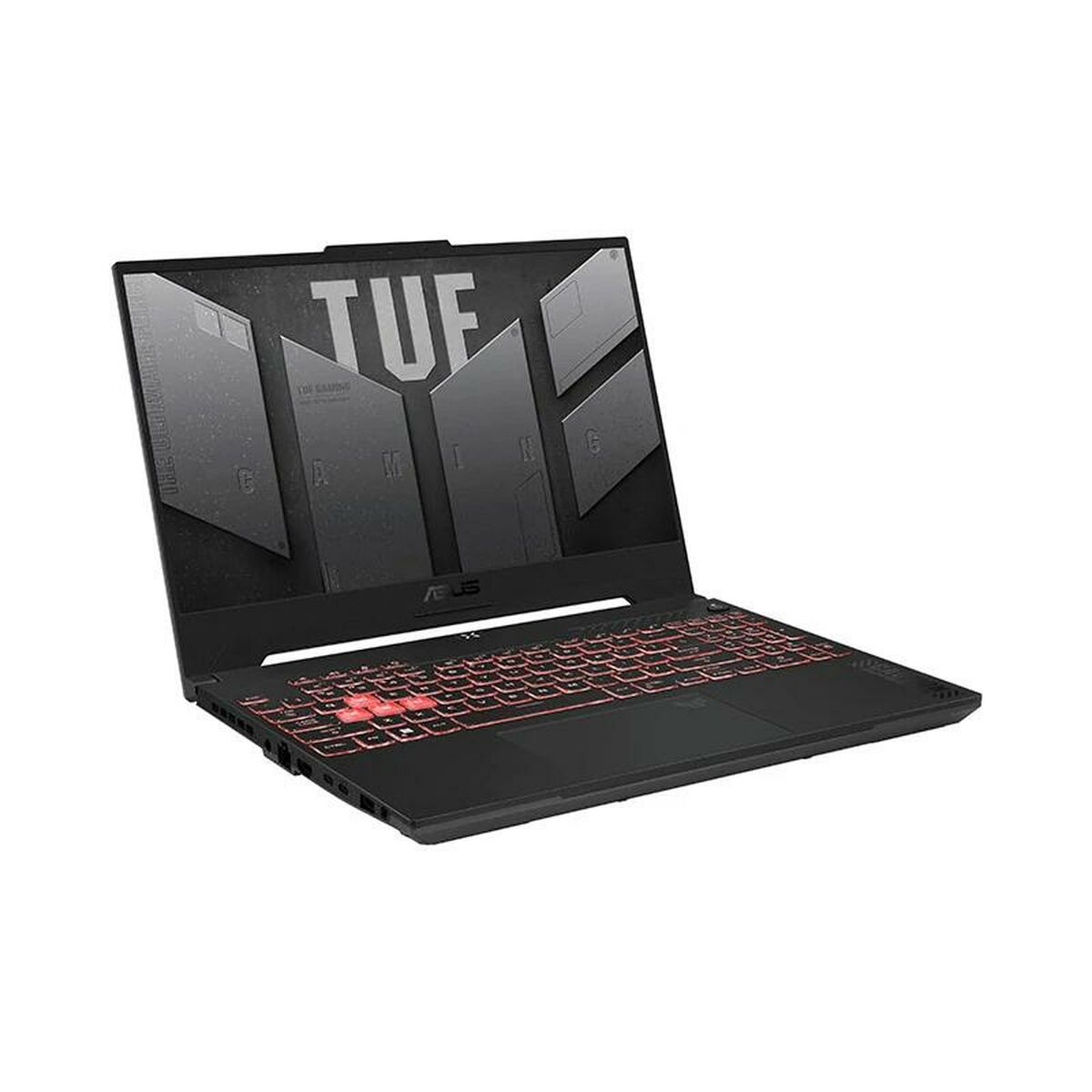 Una laptop ASUS TUF negra, abierta, con teclado retroiluminado rojo y la palabra TUF.