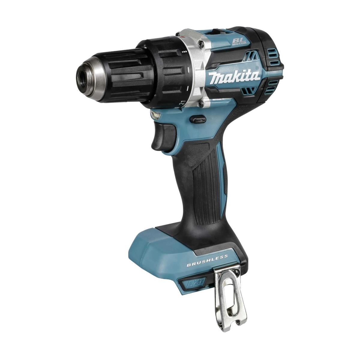 Turkusowo-czarna wiertarko-wkrętarka akumulatorowa Makita na białym tle.