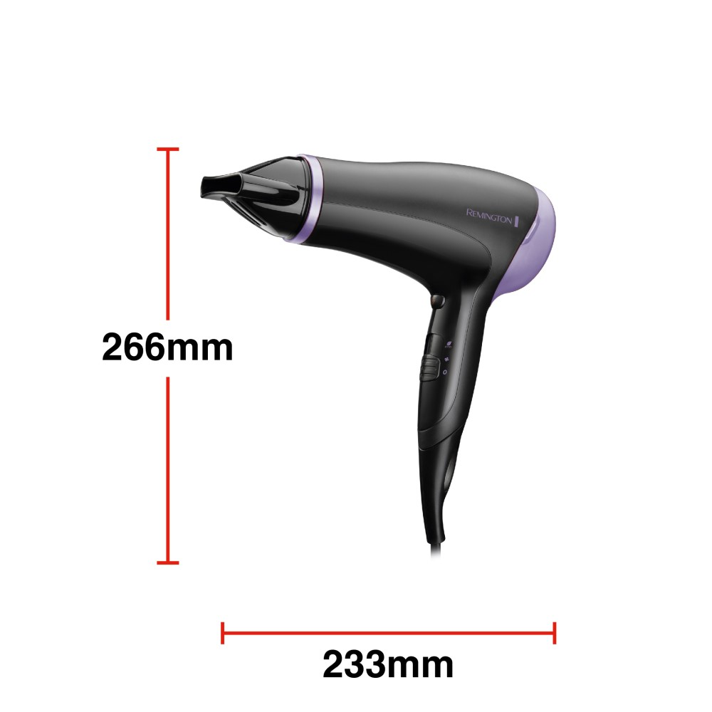 Czarna i fioletowa suszarka do włosów o wymiarach 266 mm i 233 mm, na białym tle.