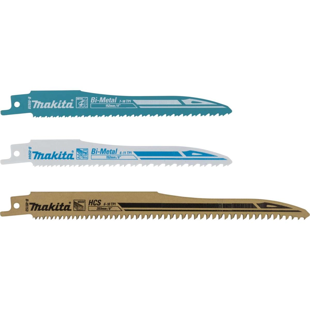 Trois lames de scie Makita, une beige et deux bleues, sur fond blanc.
