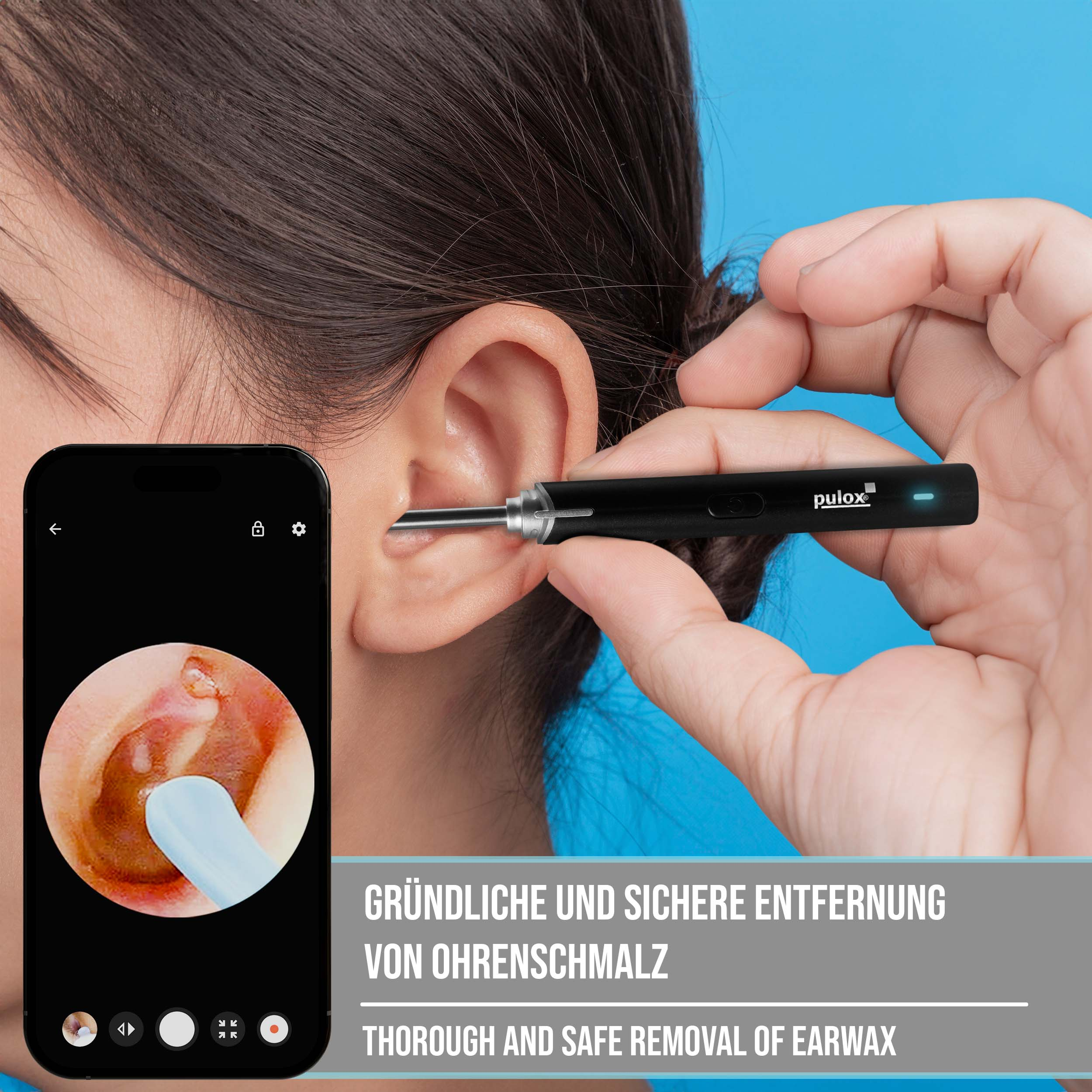 Das Ohr einer Frau wird mit einem Gerät gereinigt. Ein Bildschirm zeigt das Innere des Ohrs.