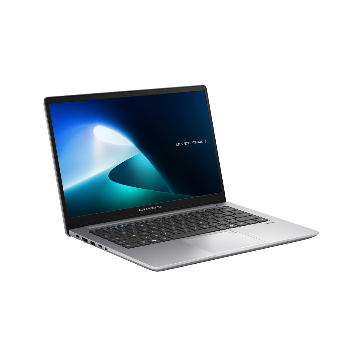 Un laptop argentato con lo schermo aperto, che mostra un'immagine astratta blu e bianca.
